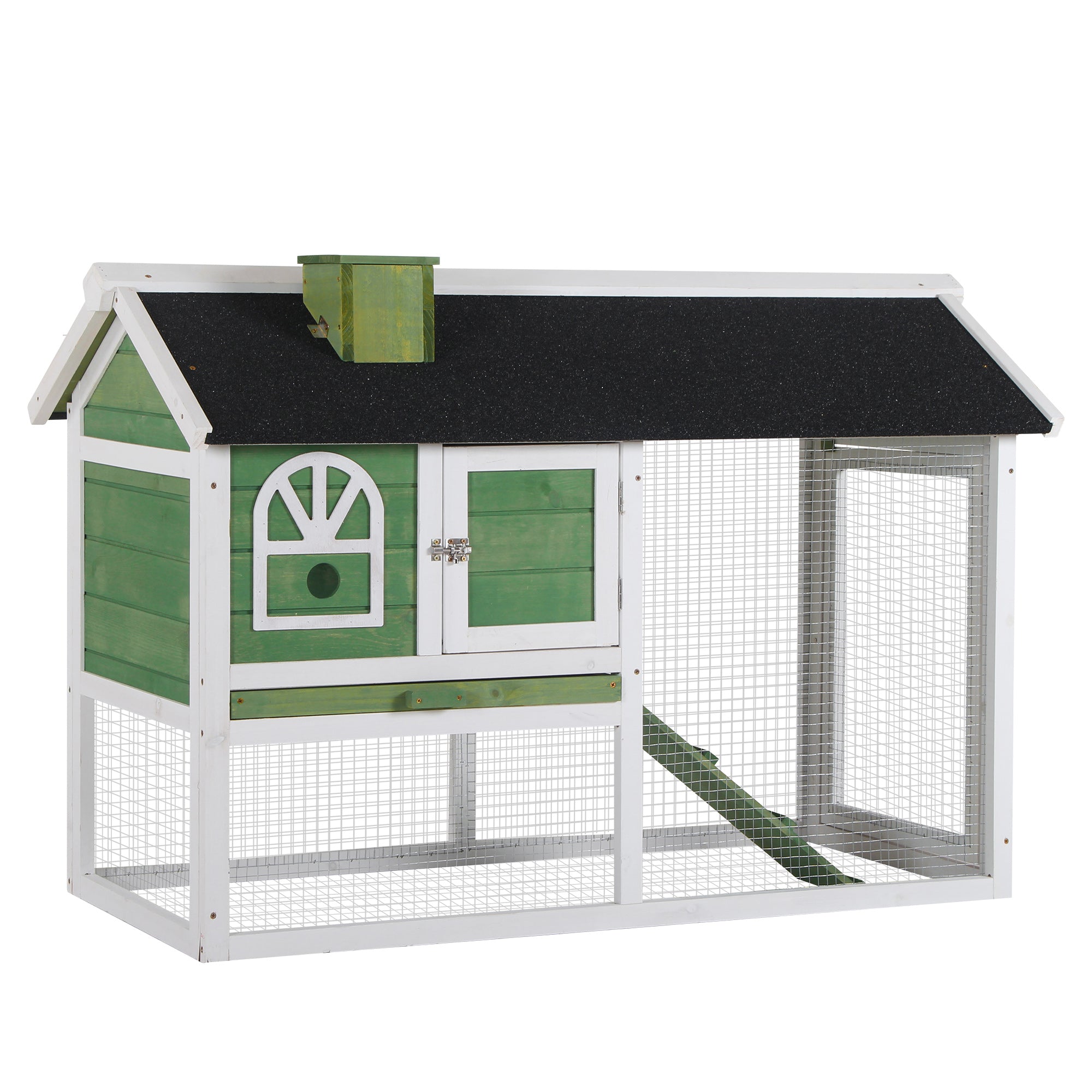 Wooden Rabbit Hutch Cage with Pull-Out Tray, Ramp & Asphalt Roof for Small Animals - Green