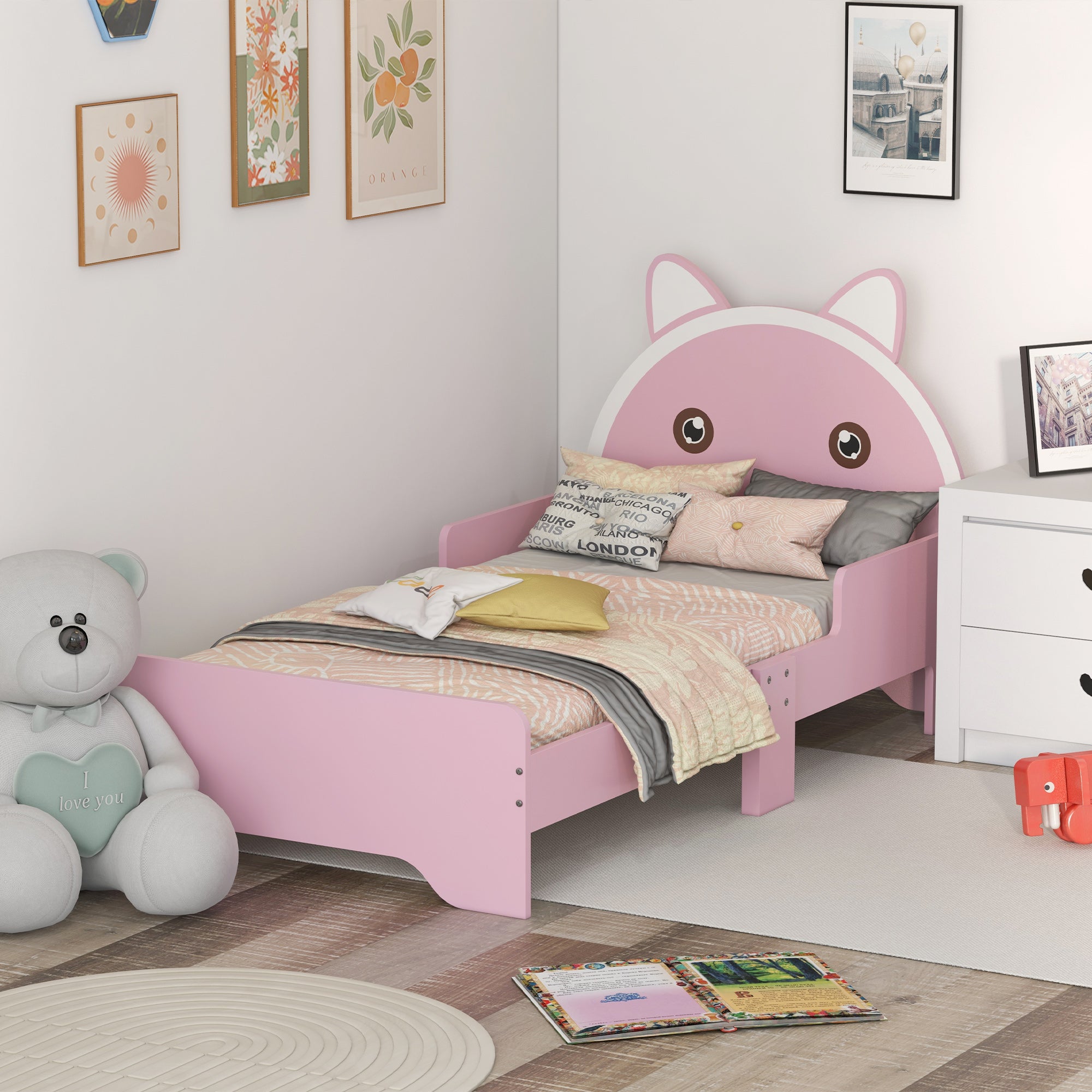 Toddler Bed Frame with Guardrails and Cat Design - Pink