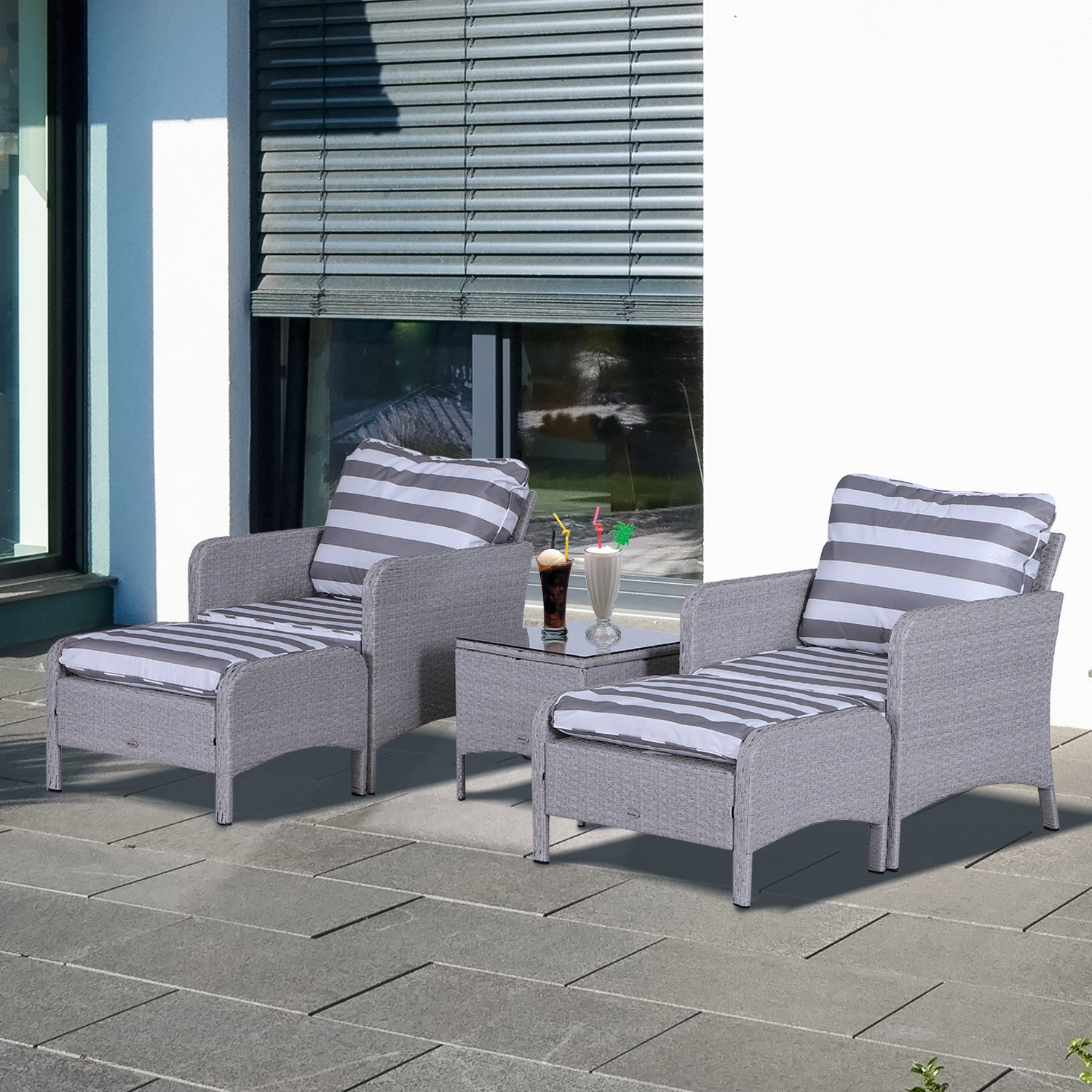 5 Piece PE Rattan Garden Furniture Set with Cushions and Glass Table - Grey