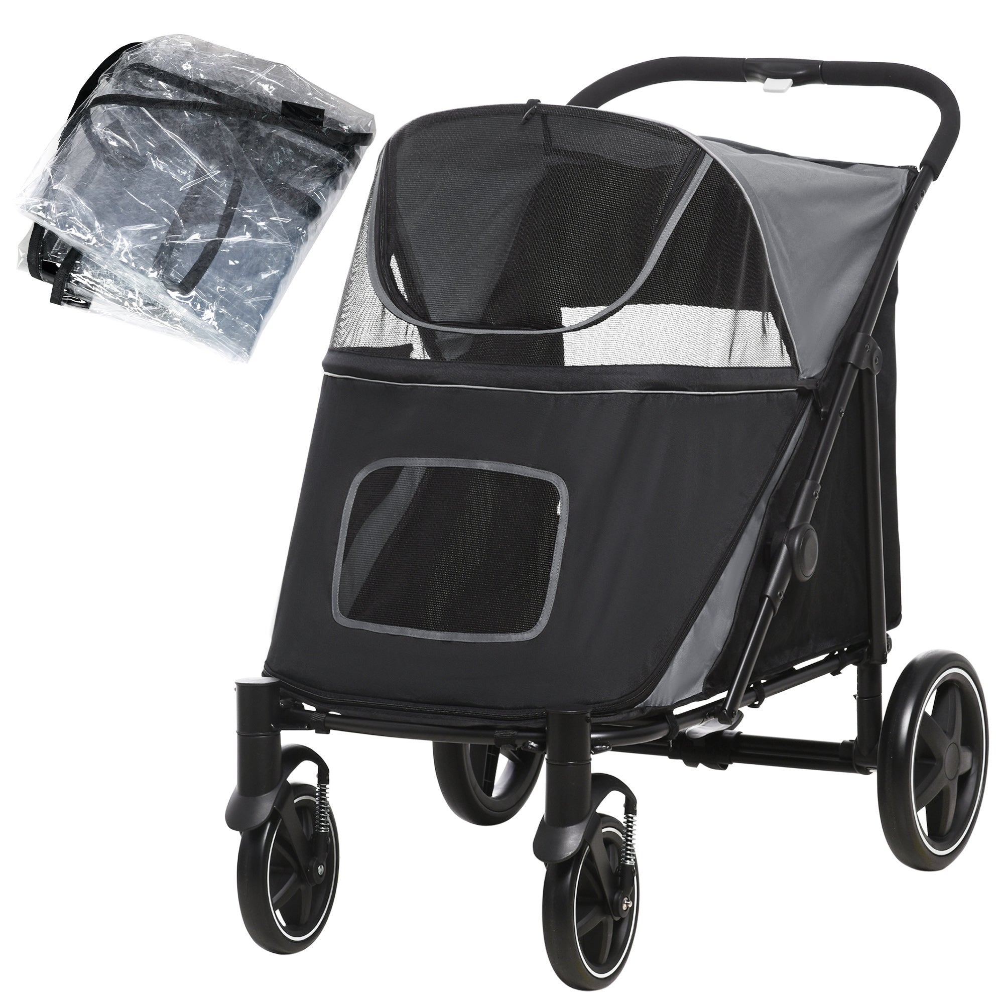 4 Wheel Pet Stroller with Rain Cover for Medium & Large Dogs - Black