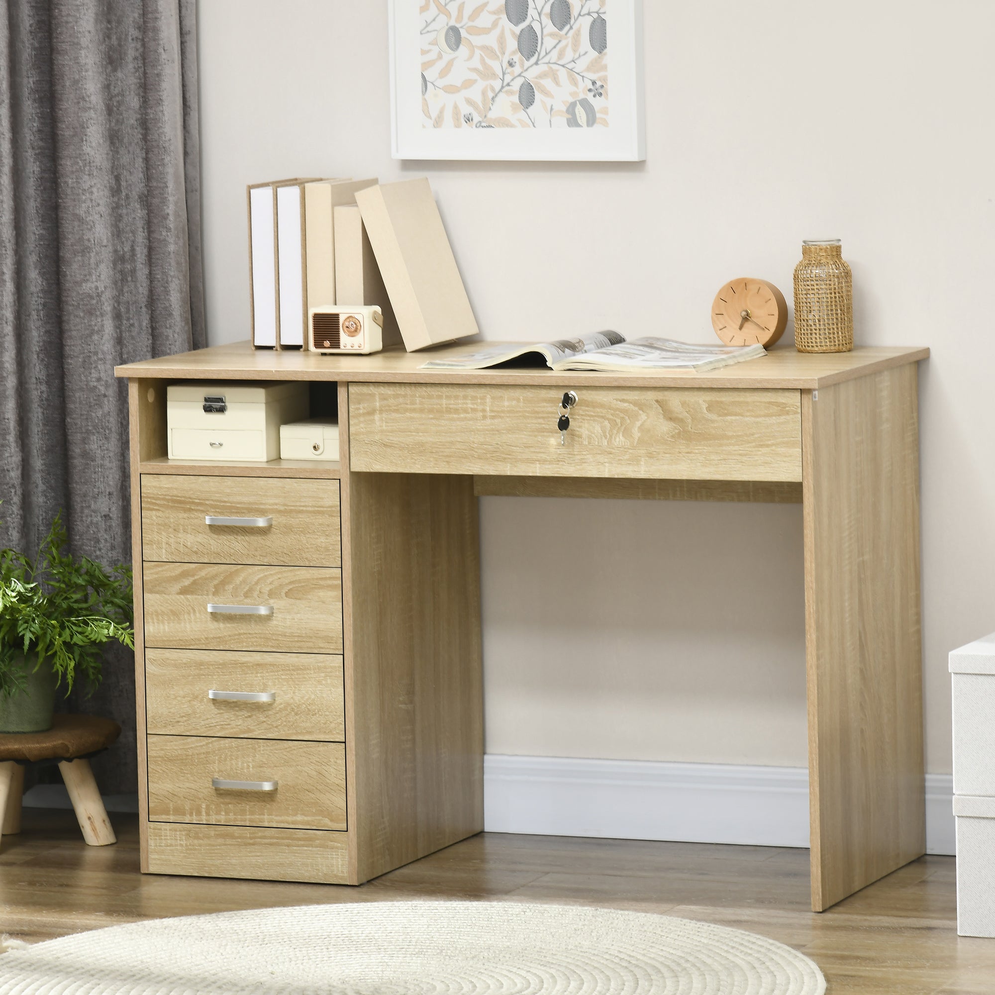 Computer Desk 110x50x76 cm with Lockable Drawer and Storage Shelf - Oak
