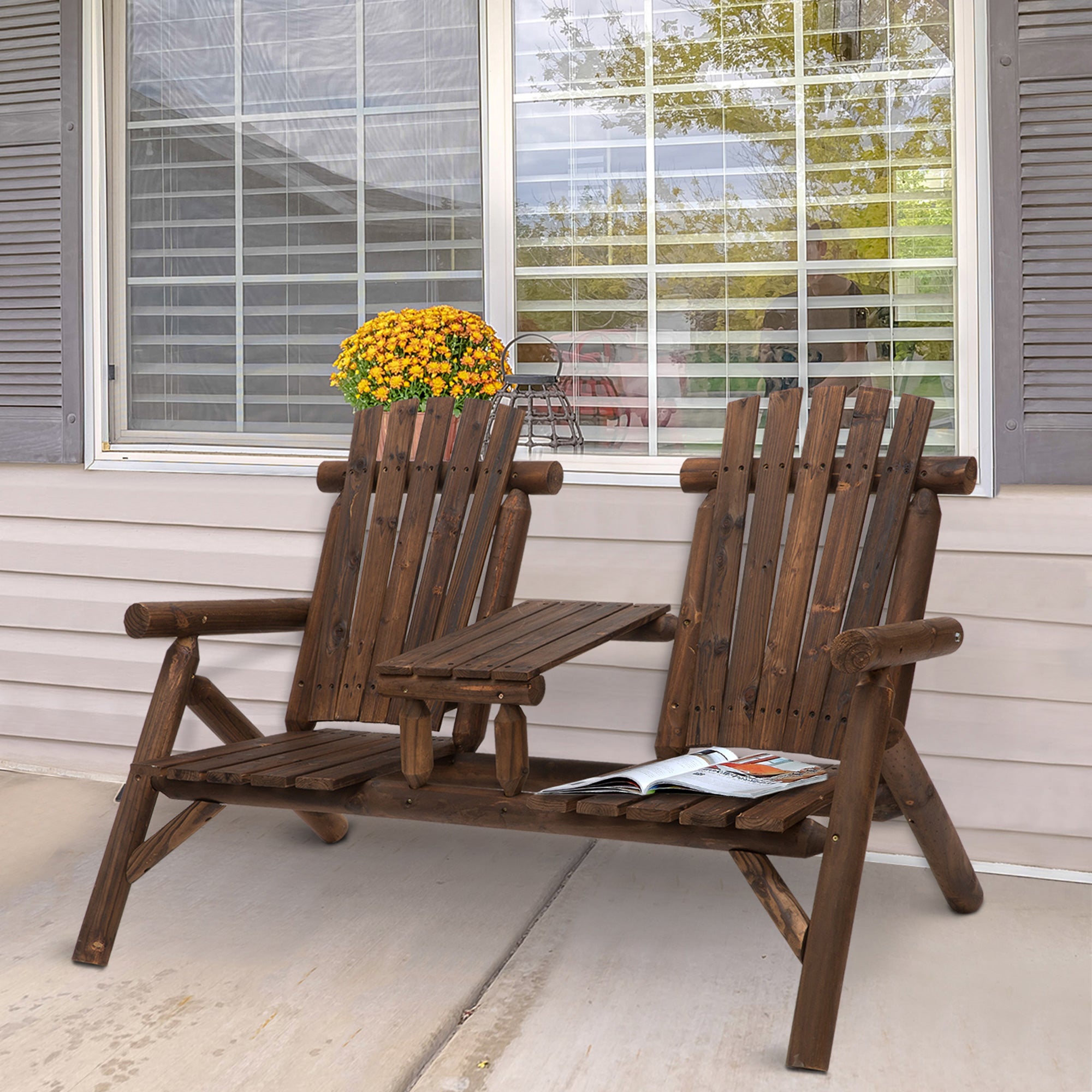 Fir Wood 2-Piece Patio Bench Set with Coffee Table - Carbonized