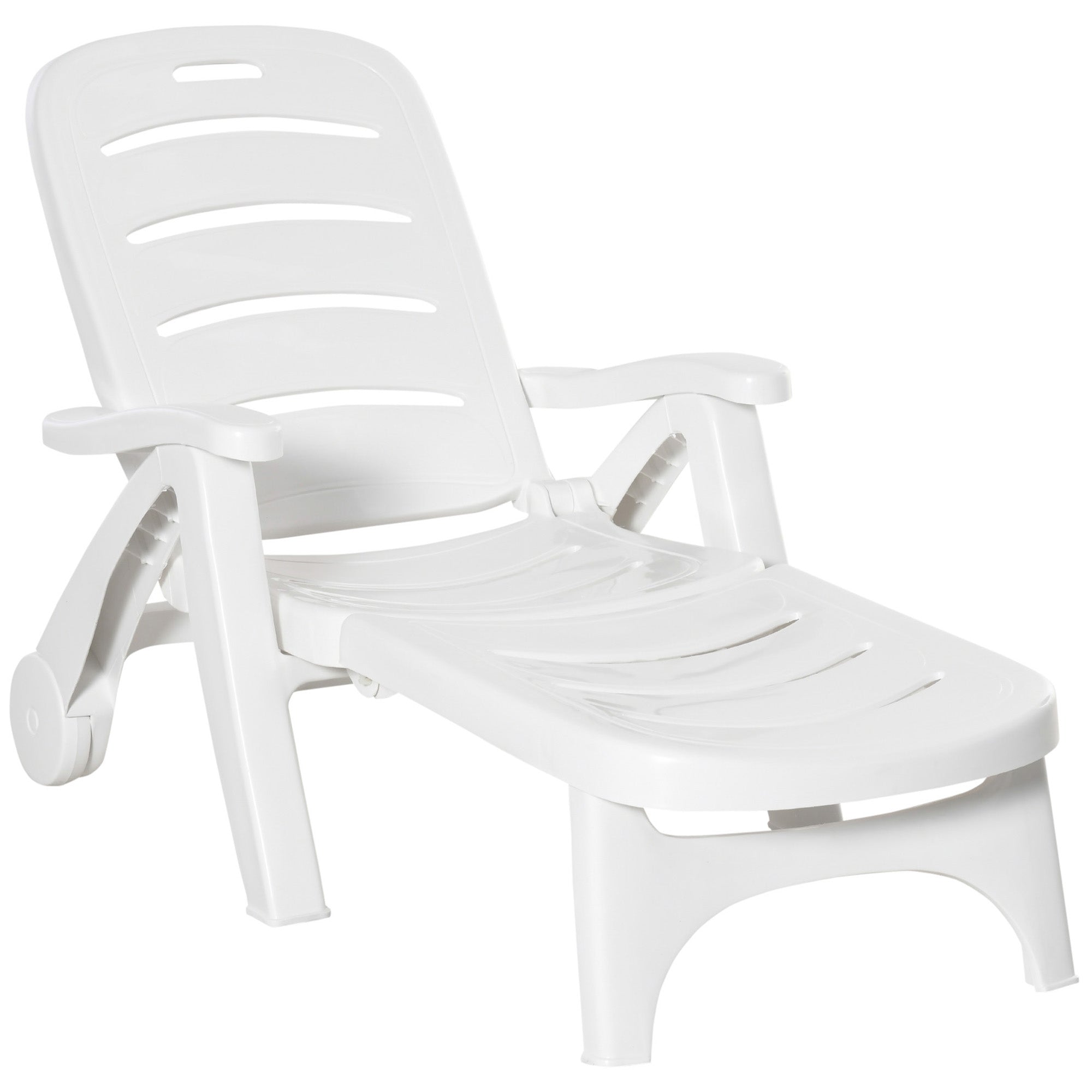 Outdoor Folding Plastic Chaise Lounge Chair with Wheels - White