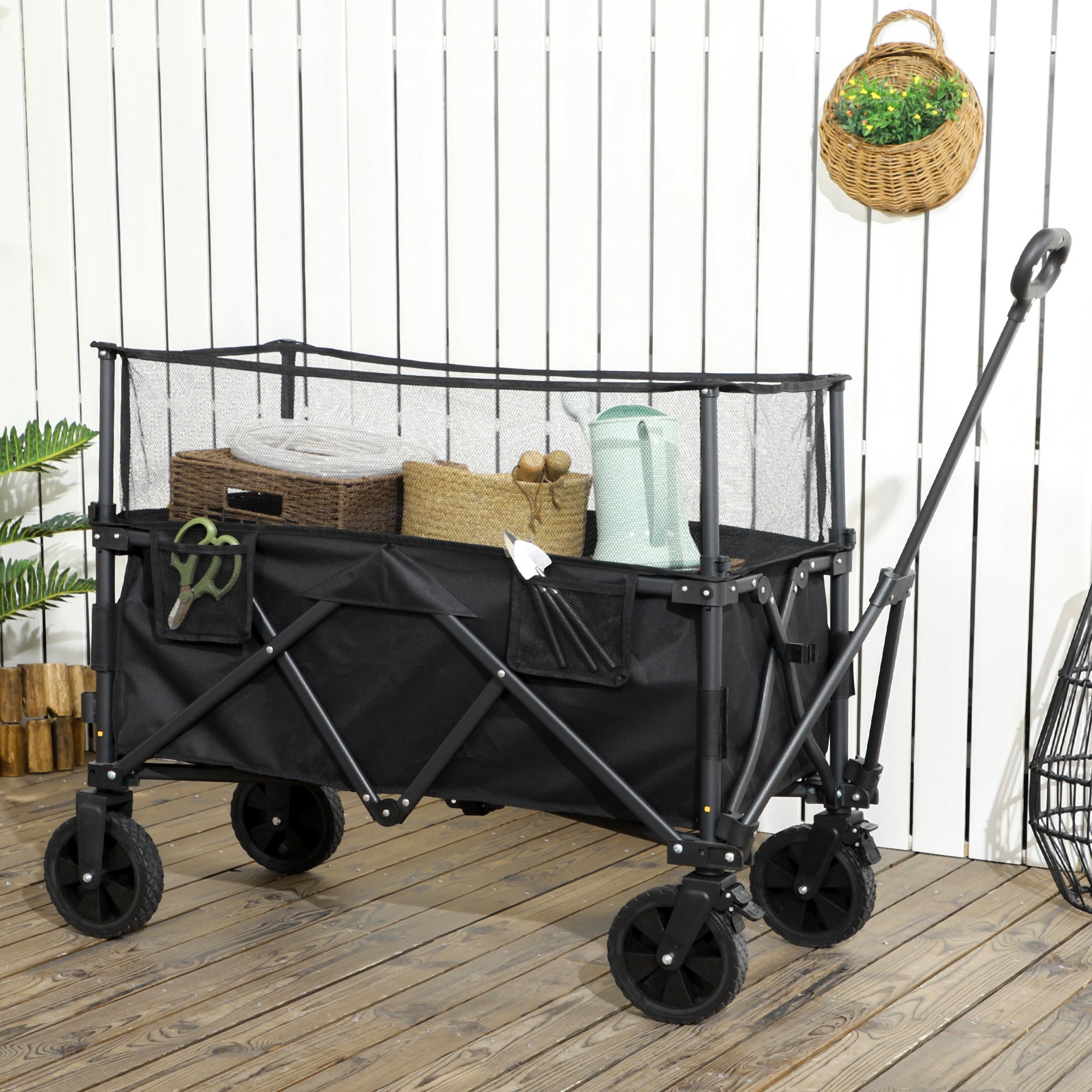 180L Folding Garden Trolley Cart with Extendable Side Walls - Black
