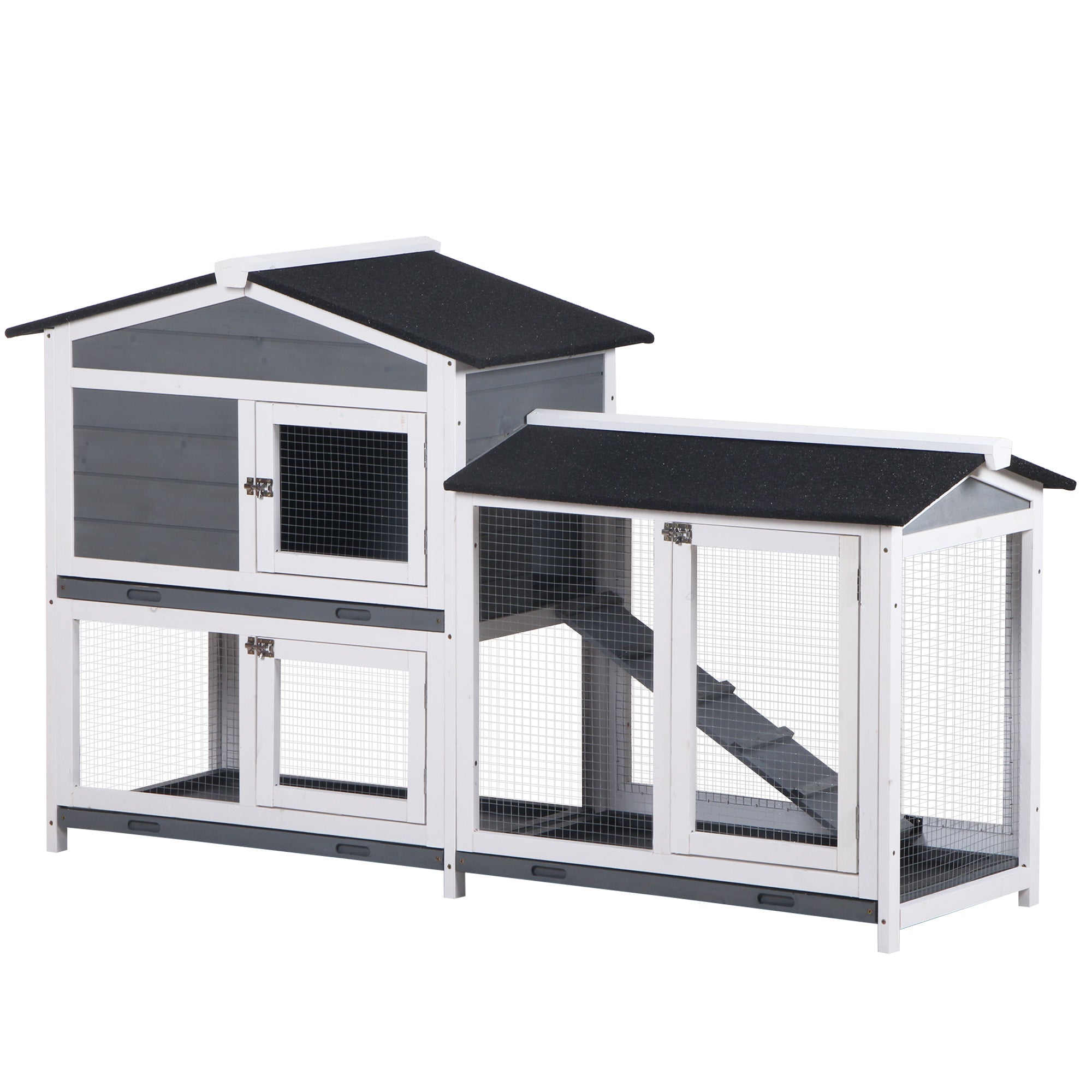Wooden 2-Tier Rabbit Hutch with Tray and Ramp - Grey