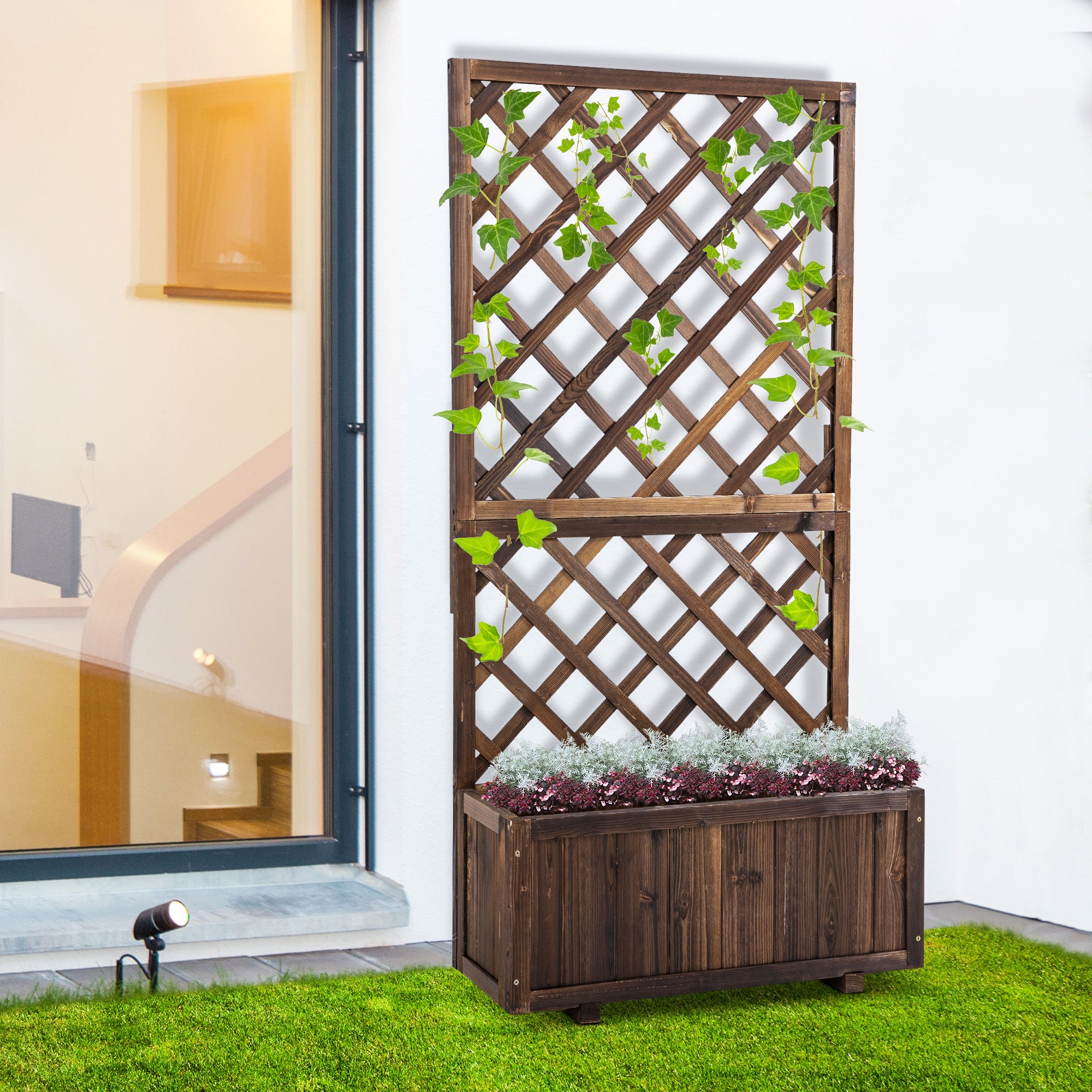 Wooden Pine Raised Trough Planter with Trellis - Natural Wood