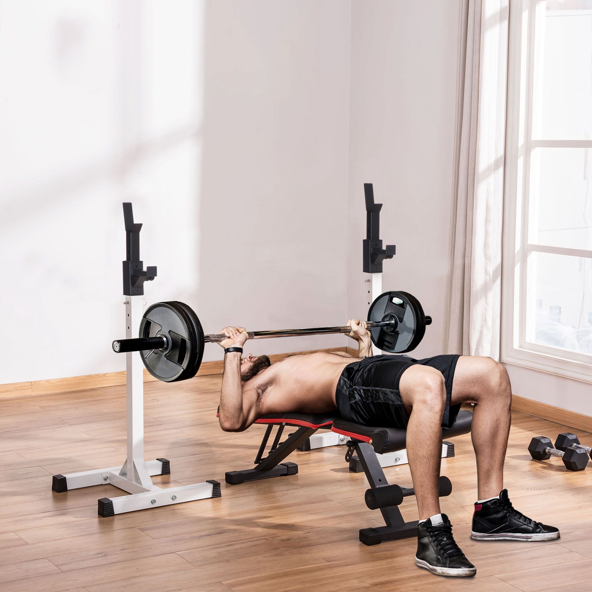 Adjustable Heavy Duty Steel Barbell Squat Rack Stand with 12 Heights - Black