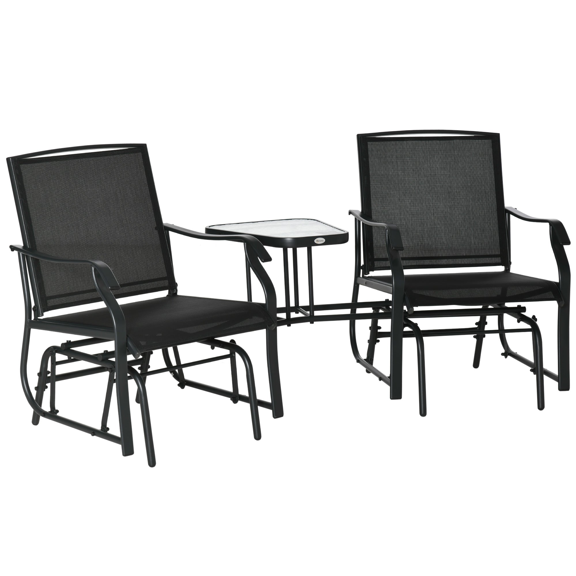 2 Piece Garden Double Glider Rocking Chair Set with Glass Table - Black Mesh