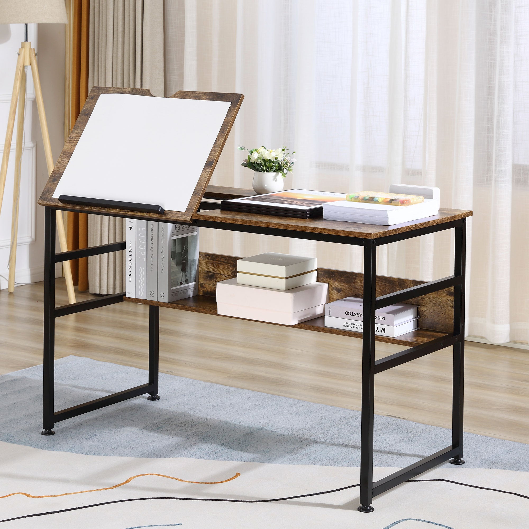 Adjustable Drafting and Art Desk with 15-Level Tabletop, Multifunctional Drawing and Craft Workstation - Rustic Brown Black