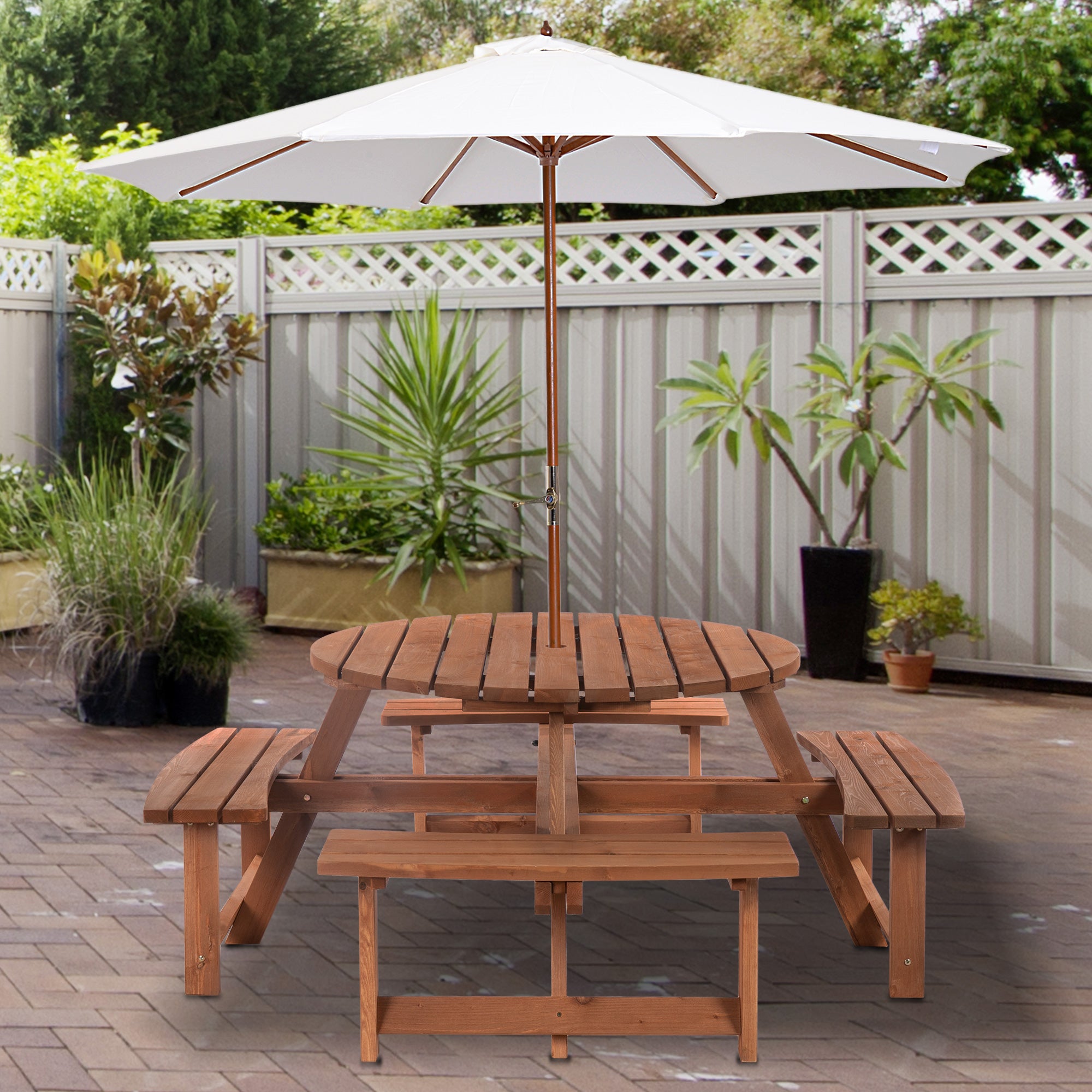 8 Seater Round Wooden Pub Bench Picnic Table Set for Outdoor Garden or Patio - Brownish Red