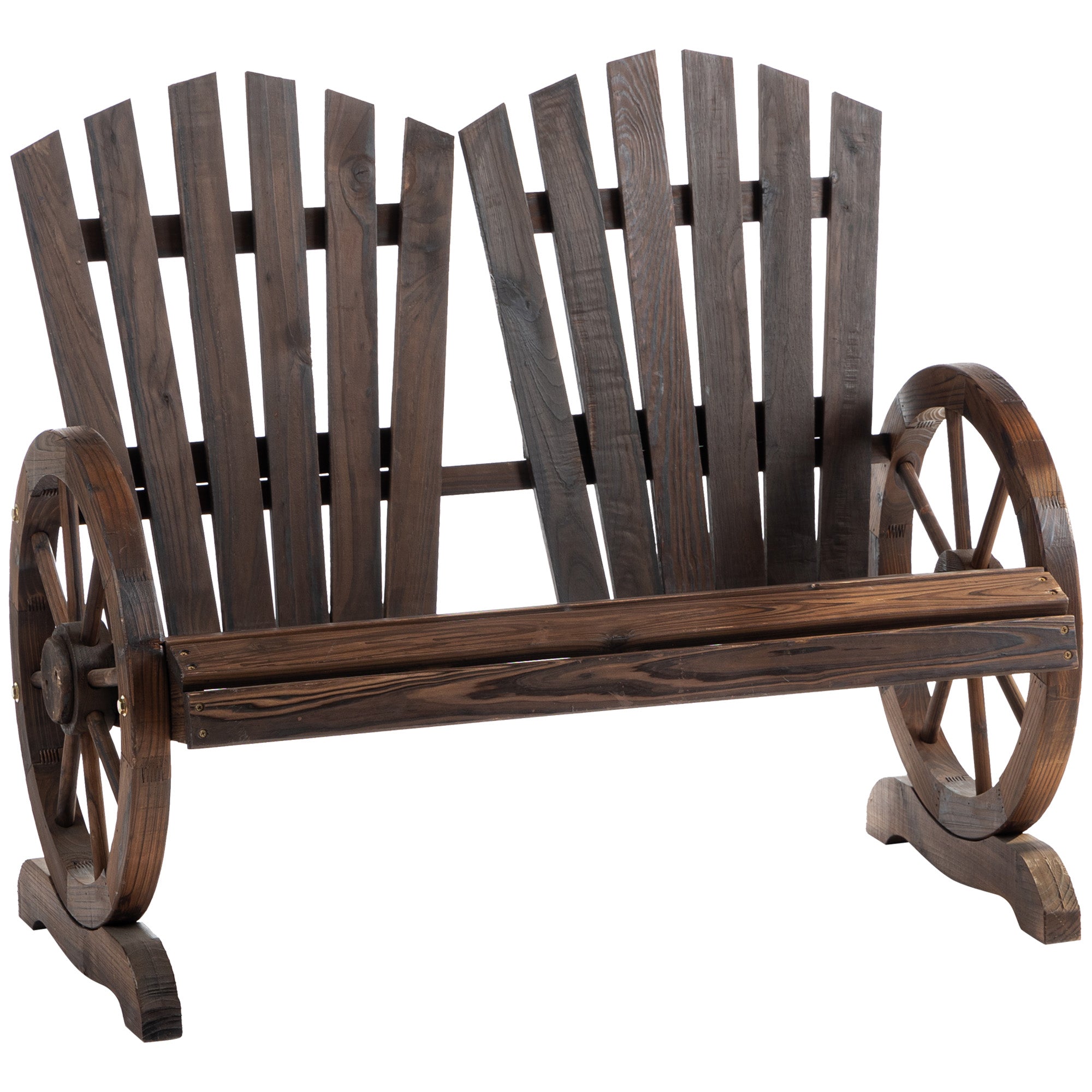 2 Seater Fir Log Garden Bench with Wheel-Shaped Armrests Outdoor Loveseat - Carbonized