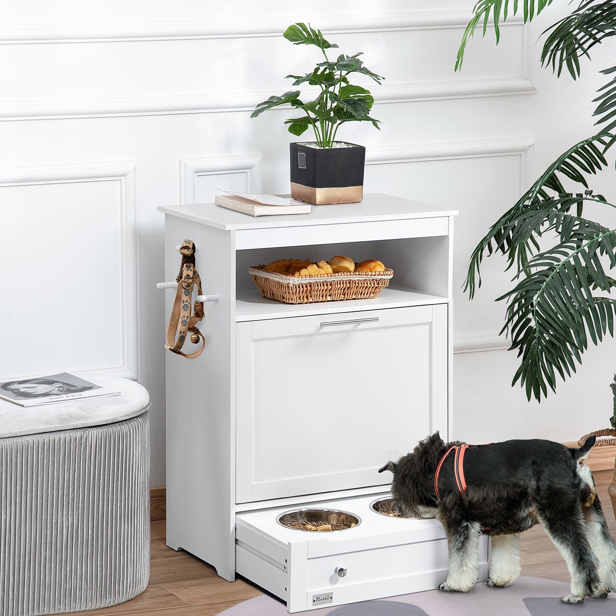 Pet Feeder Station Storage Cabinet with Raised Bowls & Hanger for Feeding Supplies - White