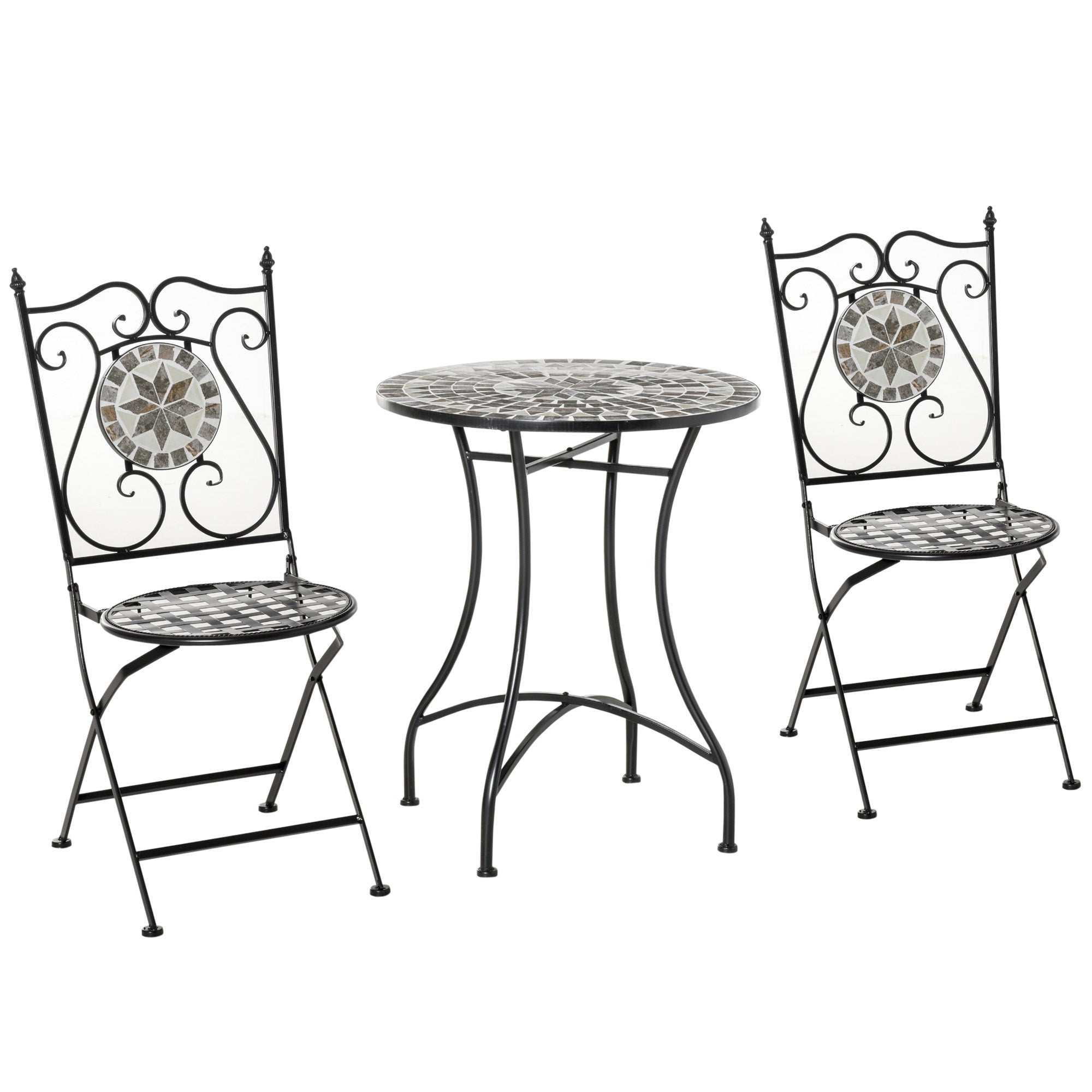 3 Pc Mosaic Tile Garden Bistro Set with Folding Chairs and Table Metal Frame - Grey