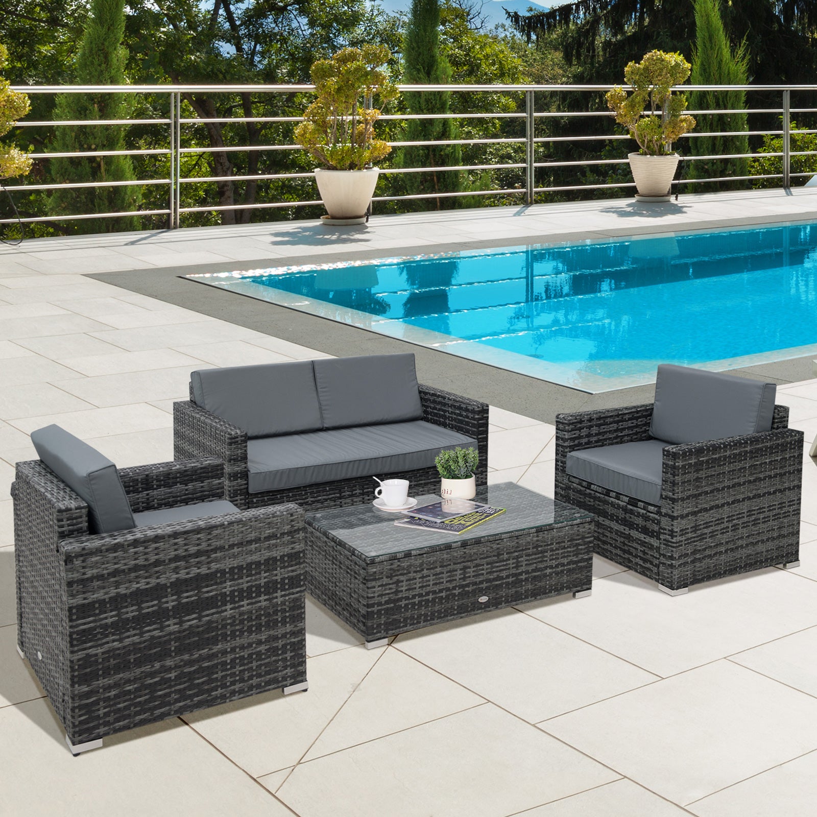 4-Piece Wicker Steel Rattan Garden Sofa Set with Cushions - Grey