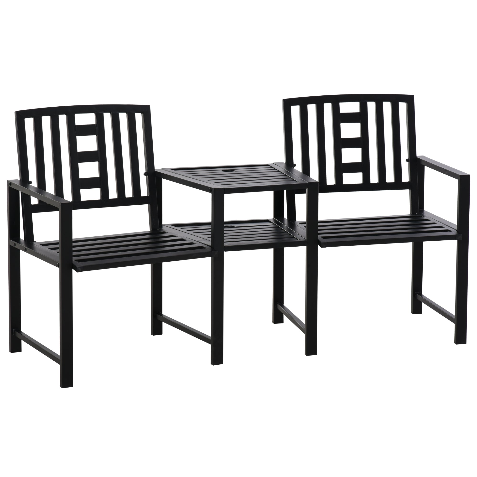 Patio Tete-a-tete 2 Seat Bench with Middle Coffee Table & Umbrella Hole - Black