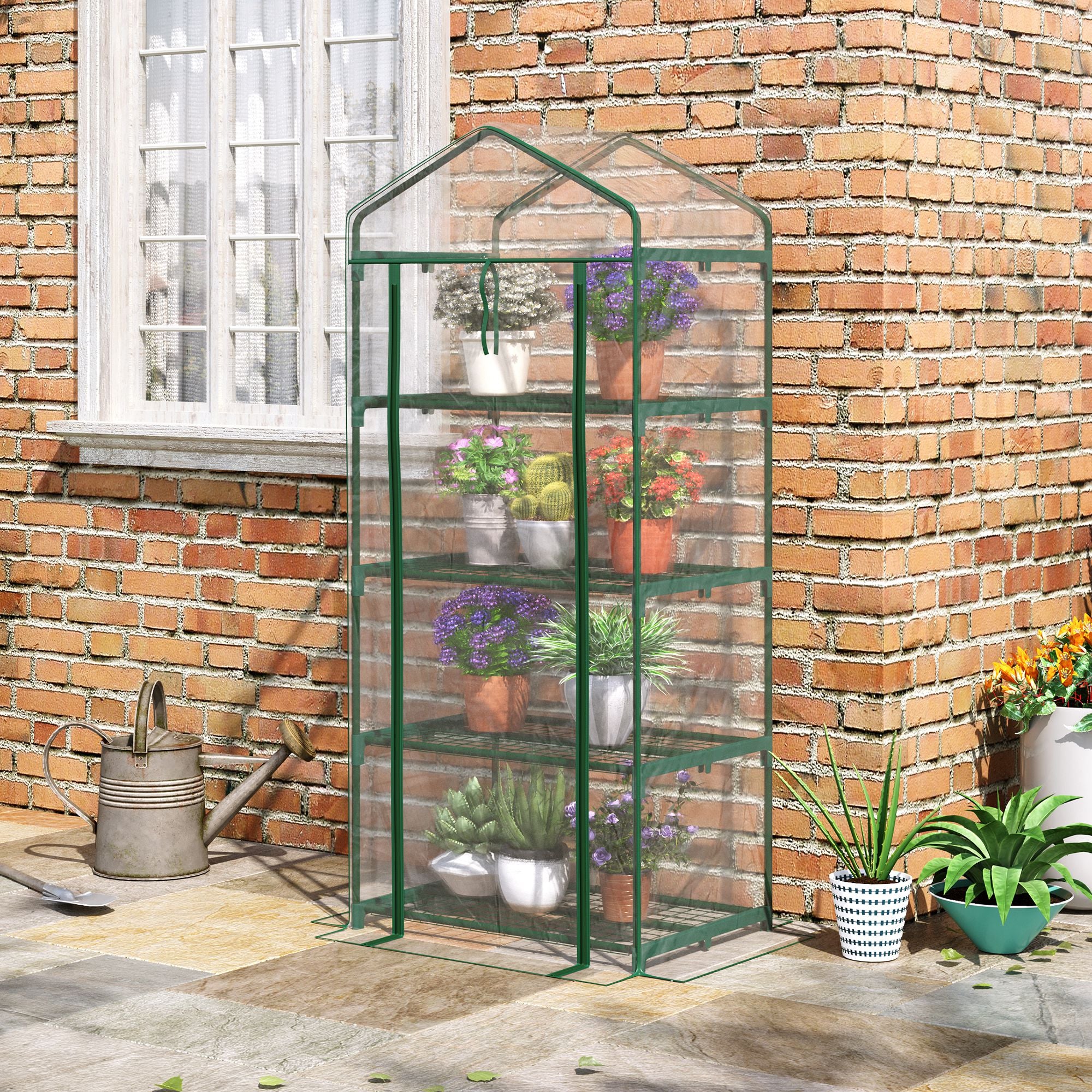 4 Tier Portable Greenhouse with Clear PVC Cover and Metal Frame