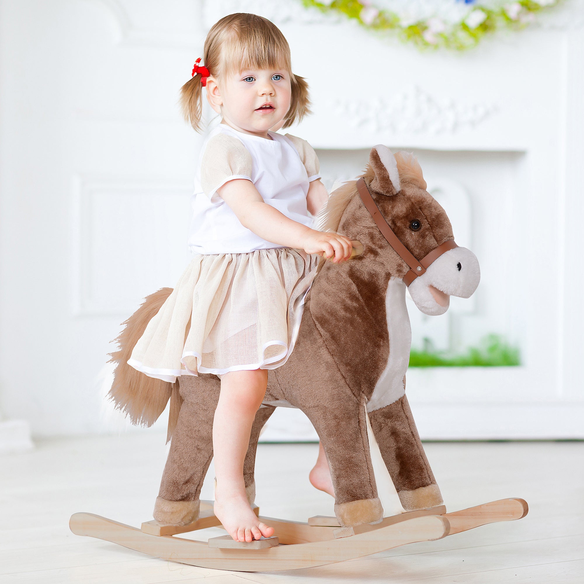 Kids Plush Rocking Horse with Wood Base and Handles - Brown/White