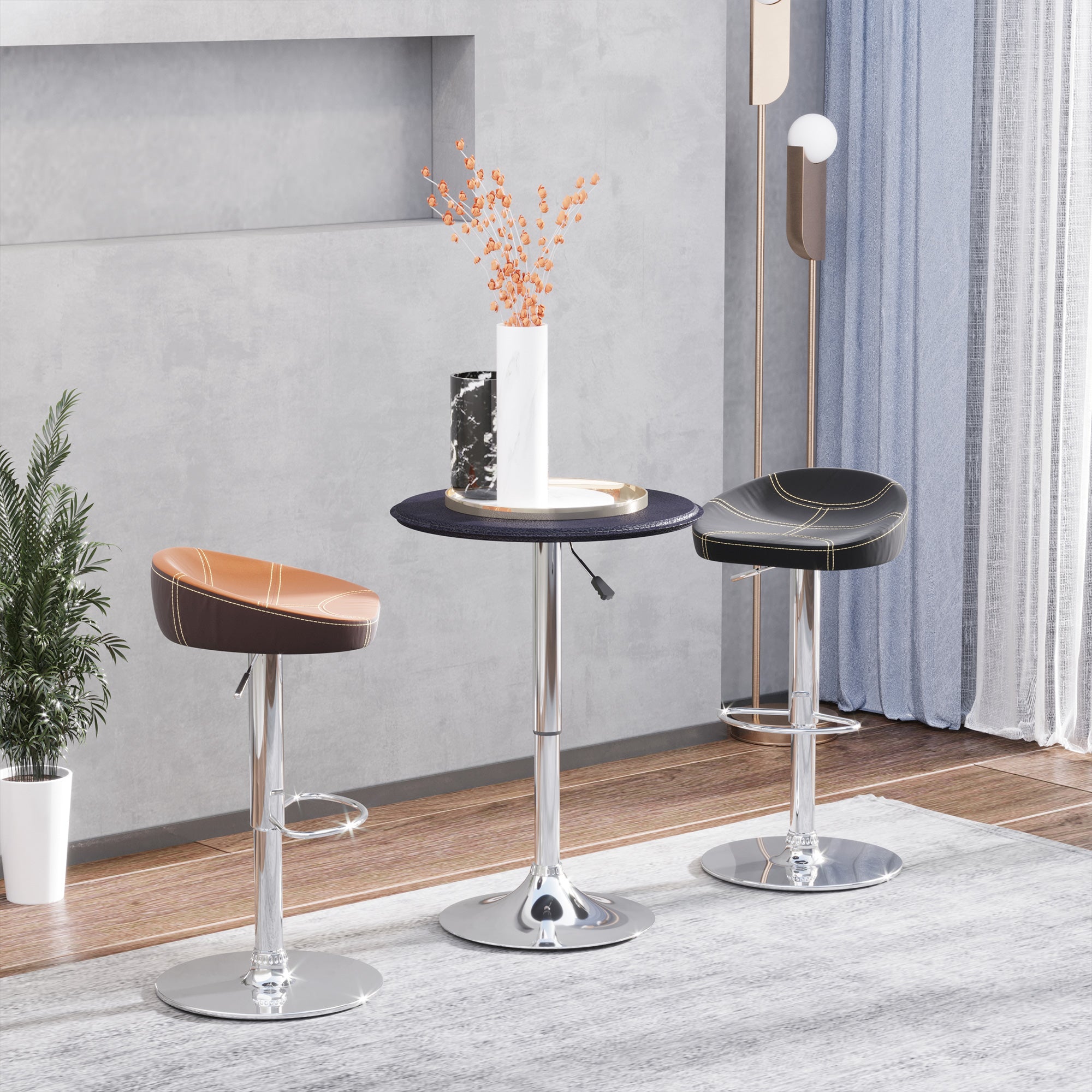 Height Adjustable Round Bistro Bar Table - Black PVC Leather Top