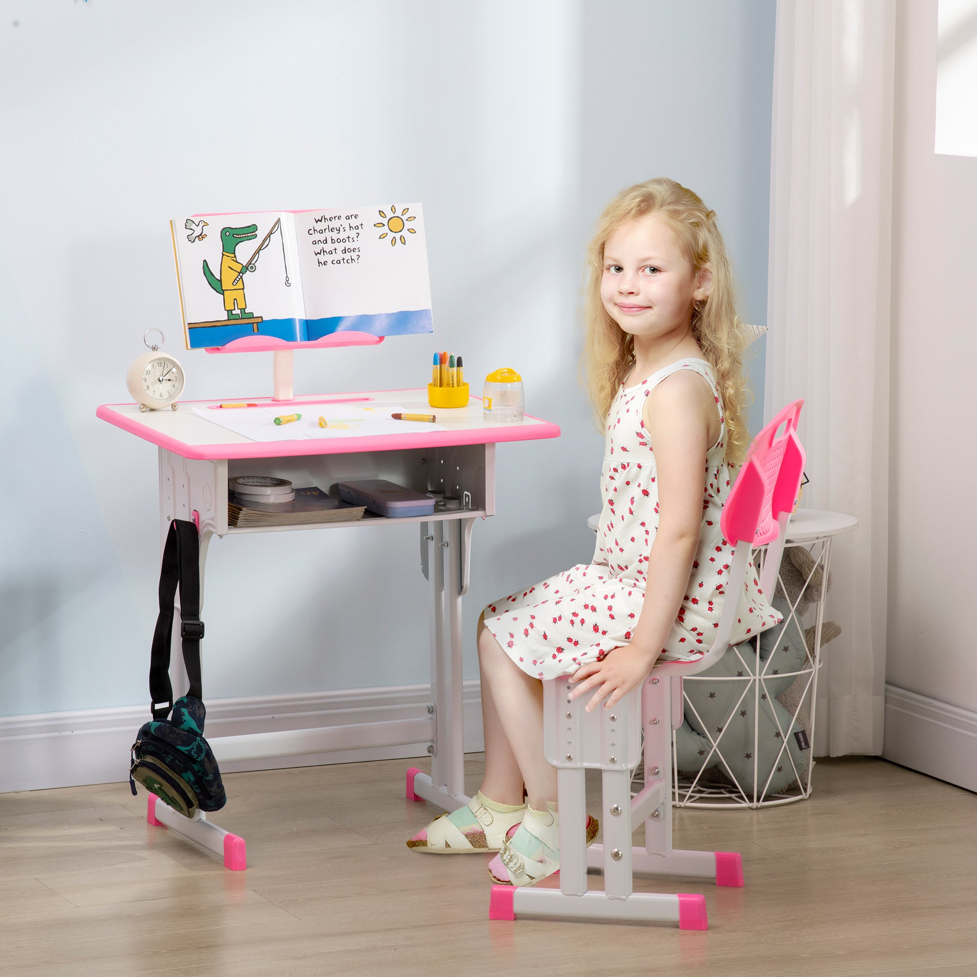 2 Piece Kids Adjustable Desk and Chair Set with Storage - Pink