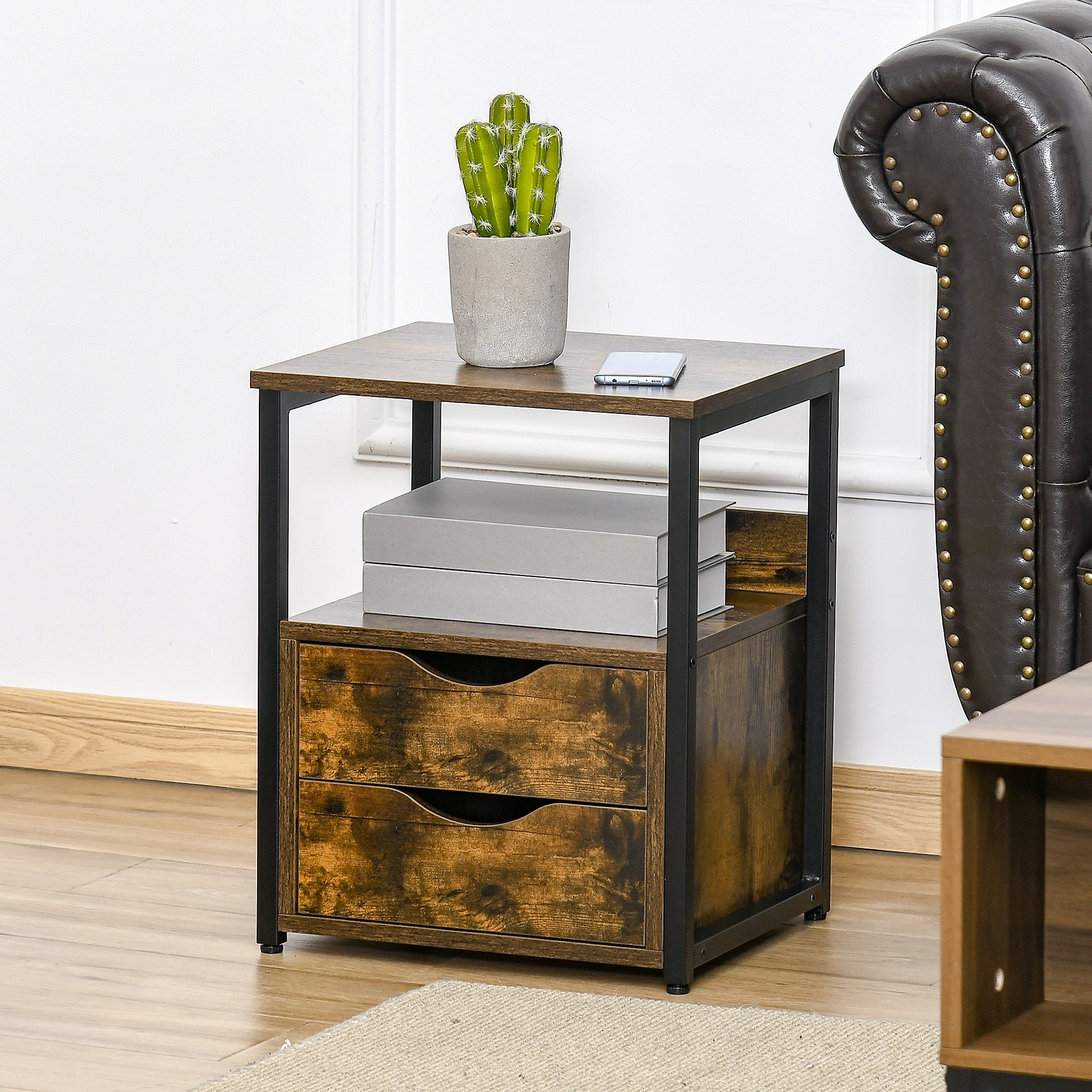 Industrial Side Table with Drawer and Shelf - Rustic Brown