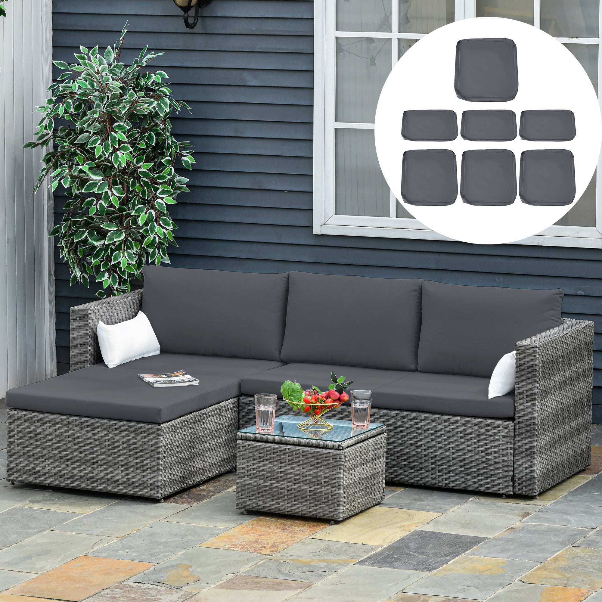 Set of 7 Rattan Patio Cushion Covers with Zips - Grey Polyester