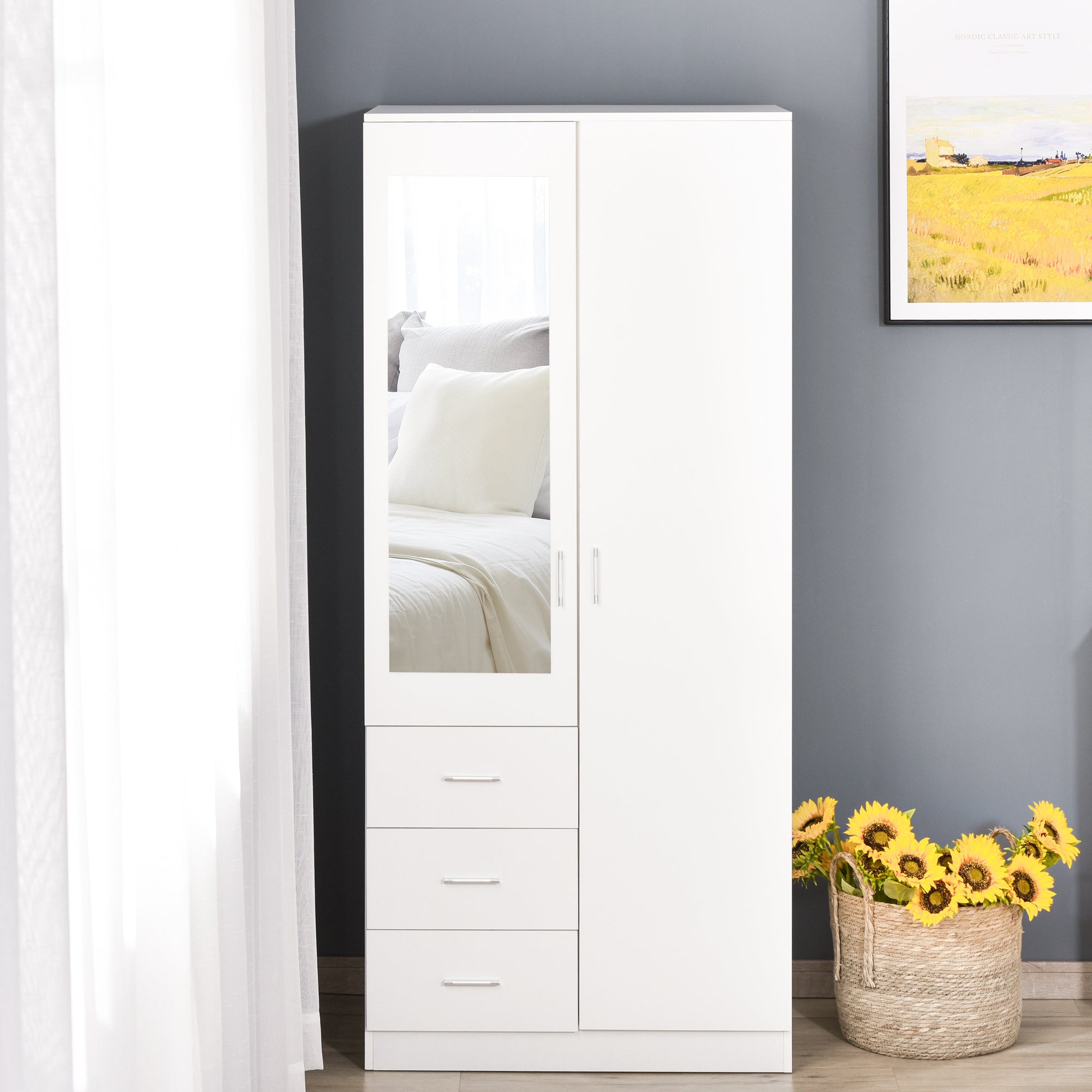 Modern 2 Door Mirror Wardrobe with Adjustable Shelves & 3 Drawers 80x50x180cm - White