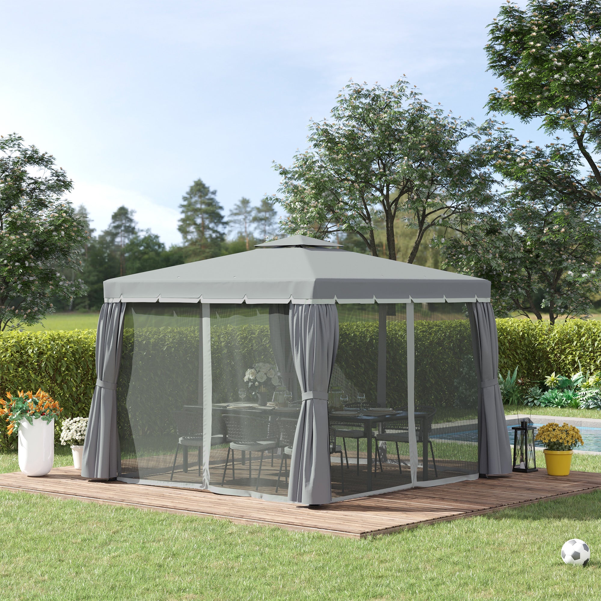 3 x 3 Metre Patio Gazebo Canopy Set with Water Repellent Roof and Mosquito Netting - Dark Grey