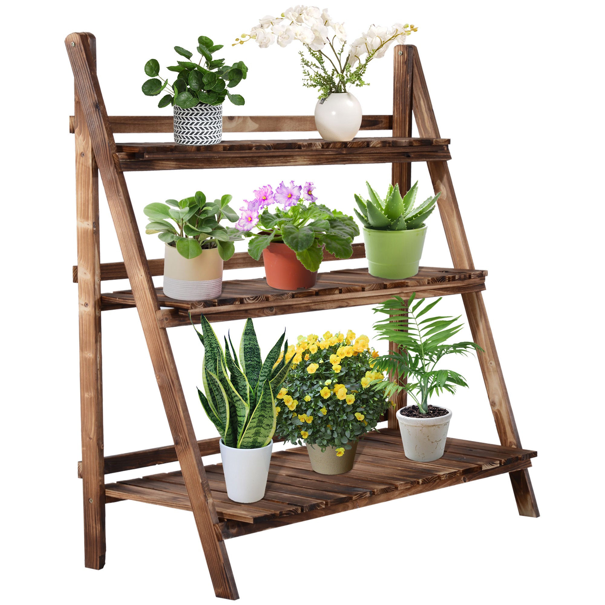 3 Tier Fir Wood Ladder Plant Display Stand - Natural Wood