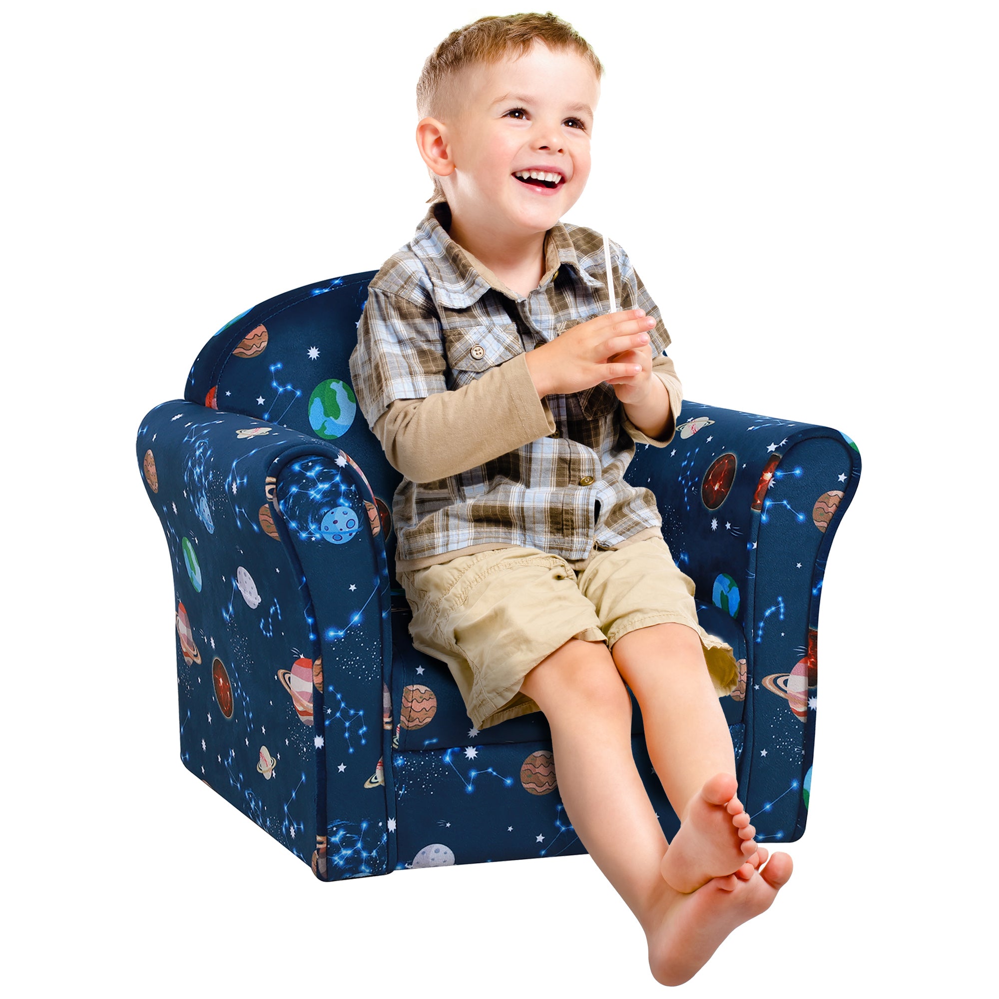 Kids Planet-Themed Armchair with Wooden Frame and Non-Slip Feet - Blue