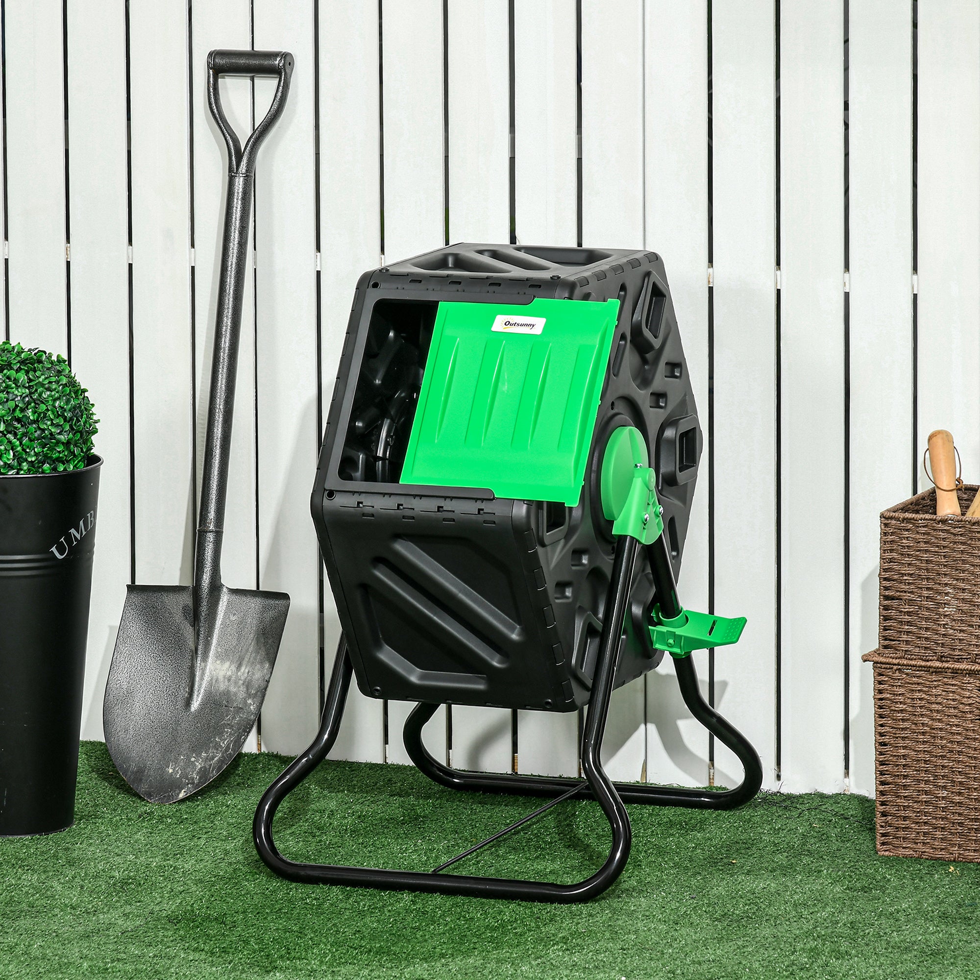 65L Rotating Garden Compost Bin with Steel Legs and Ventilation - Green and Black
