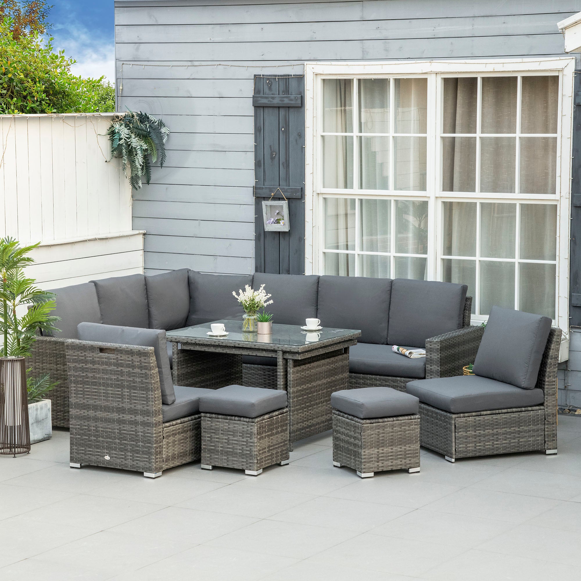 7 Piece 10-Seater Rattan Garden Sofa Set with Cushions, Footstools & Expandable Glass Table - Grey