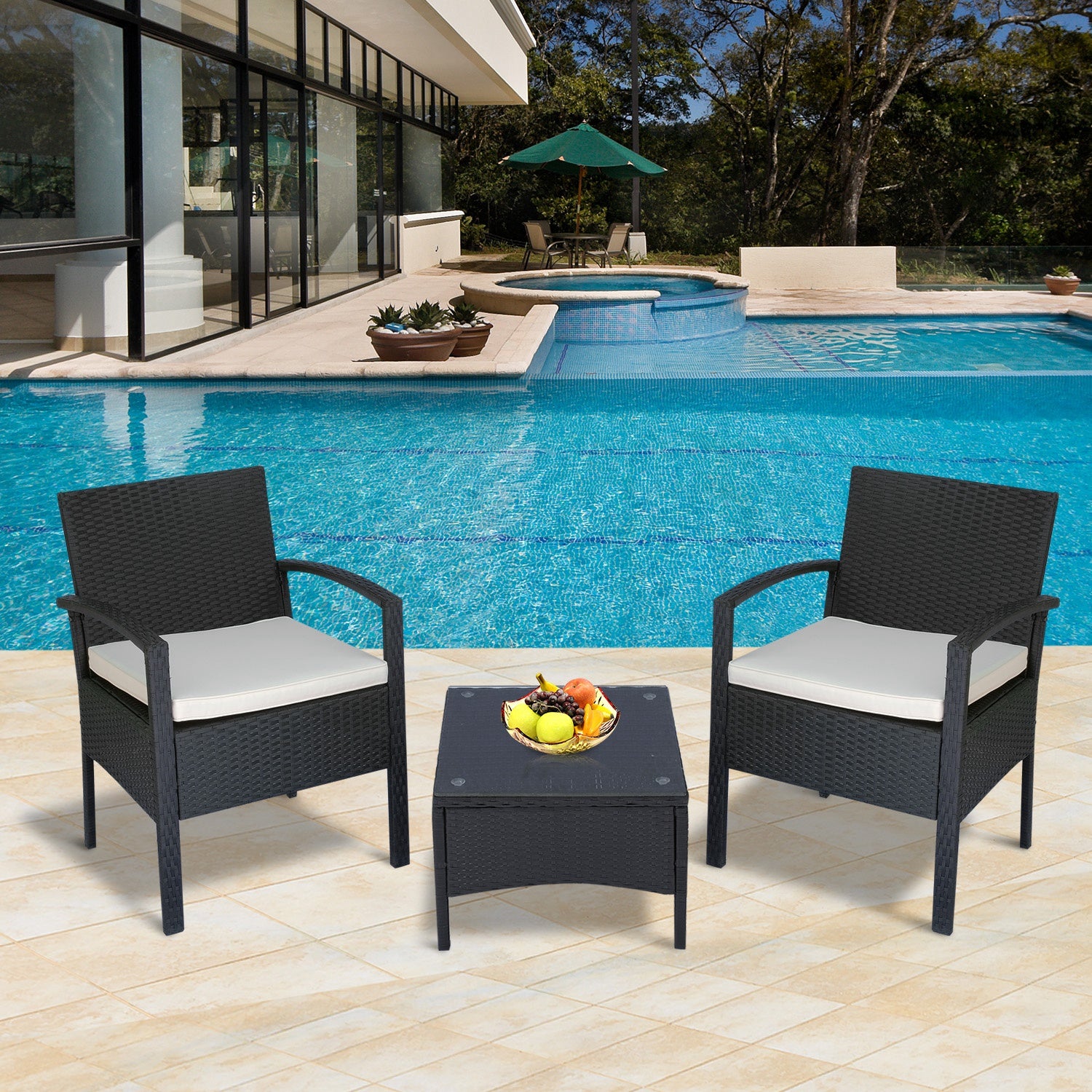 2 Piece Rattan Garden Bistro Set with Cushions - Black