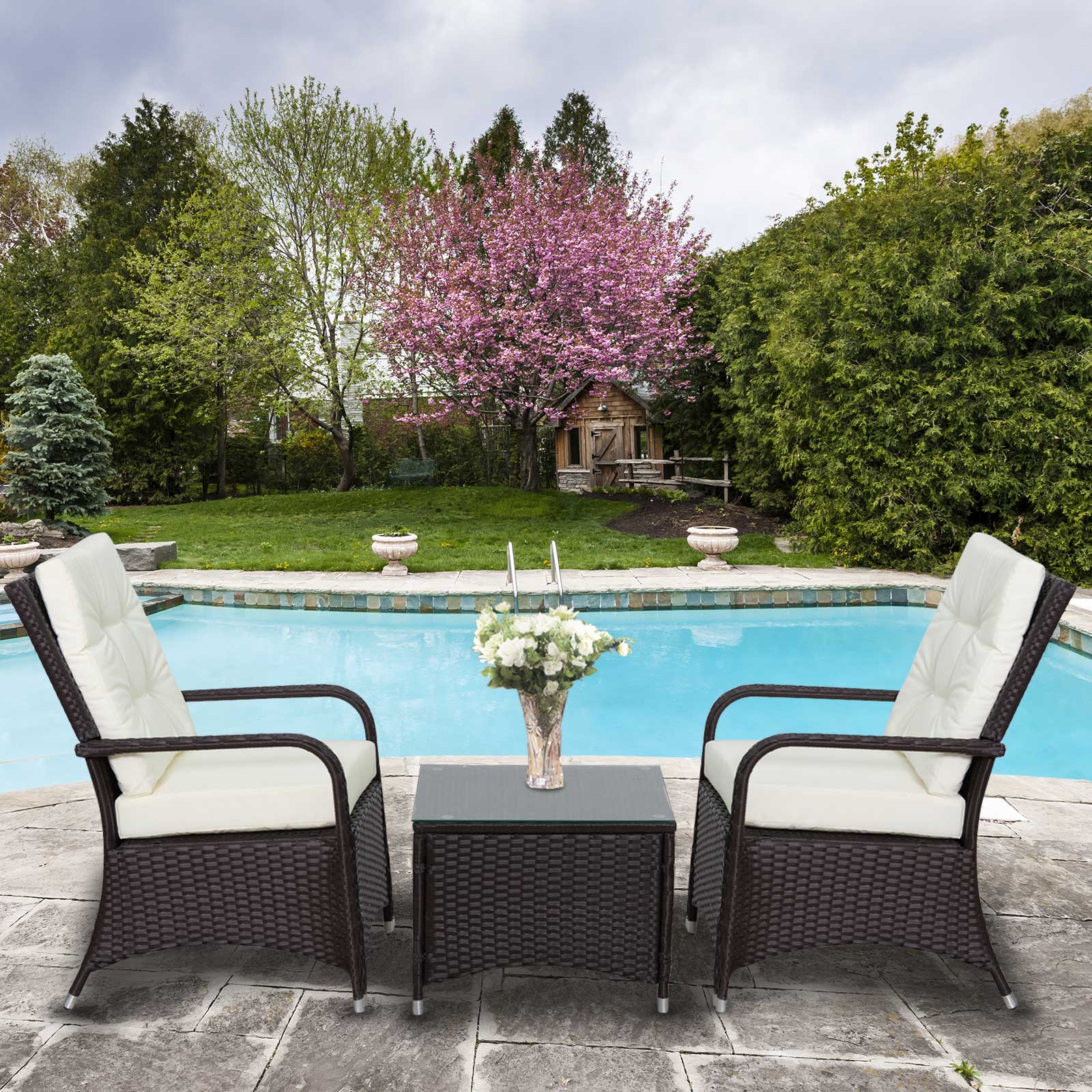 Weatherproof 2 Seater Rattan Bistro Set with Cushions - Brown