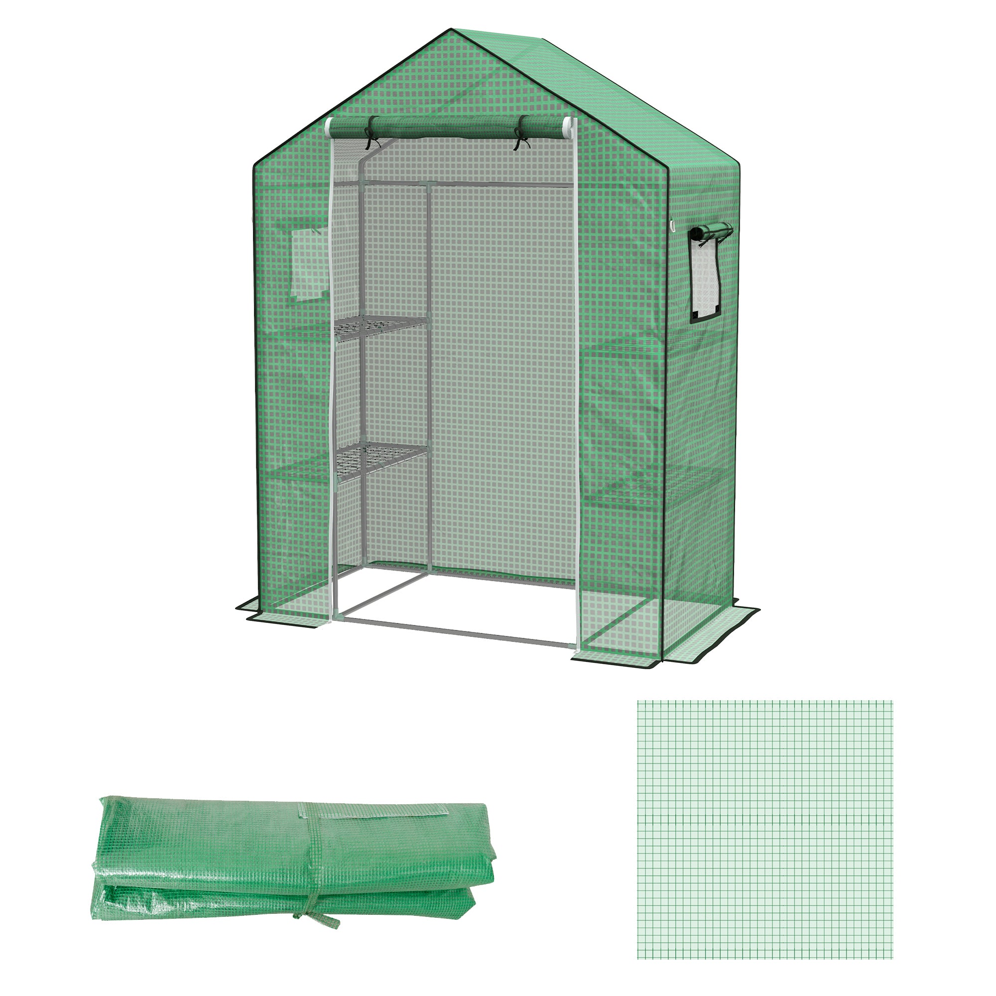 Greenhouse Cover Replacement with Roll-up Door and Windows - Green 140x73x190cm