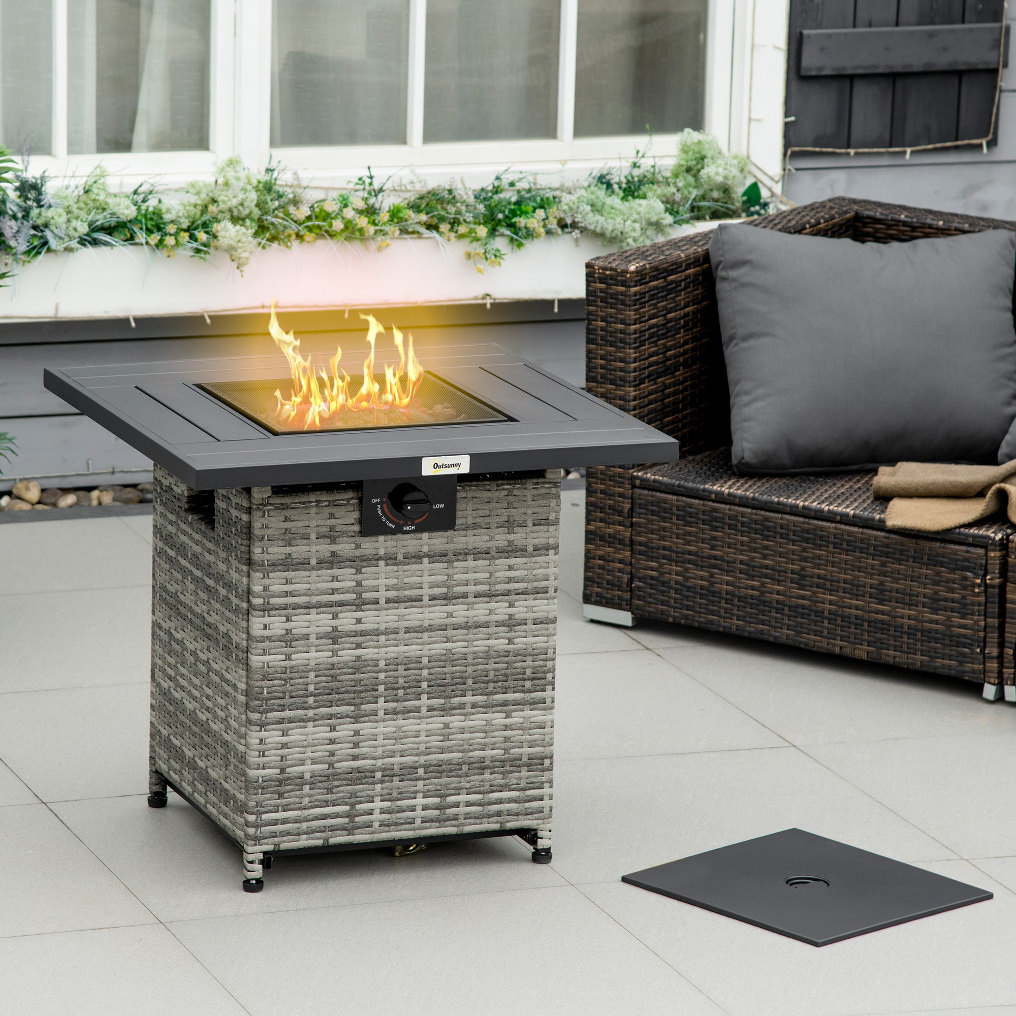 Outdoor PE Rattan Gas Fire Pit Table with Rain Cover - Mixed Grey