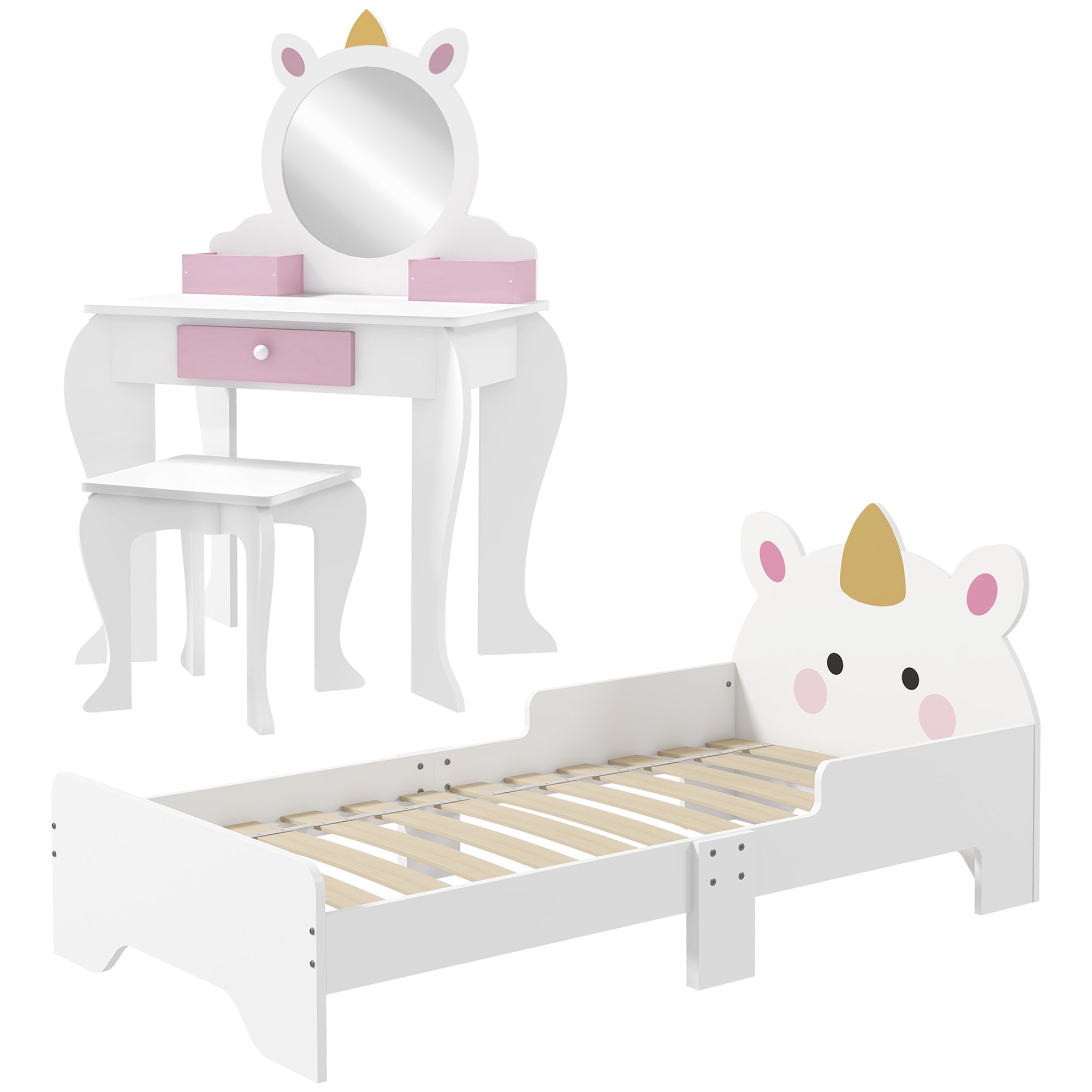 3 Piece Kids Bedroom Furniture Set with Unicorn Design - Pink