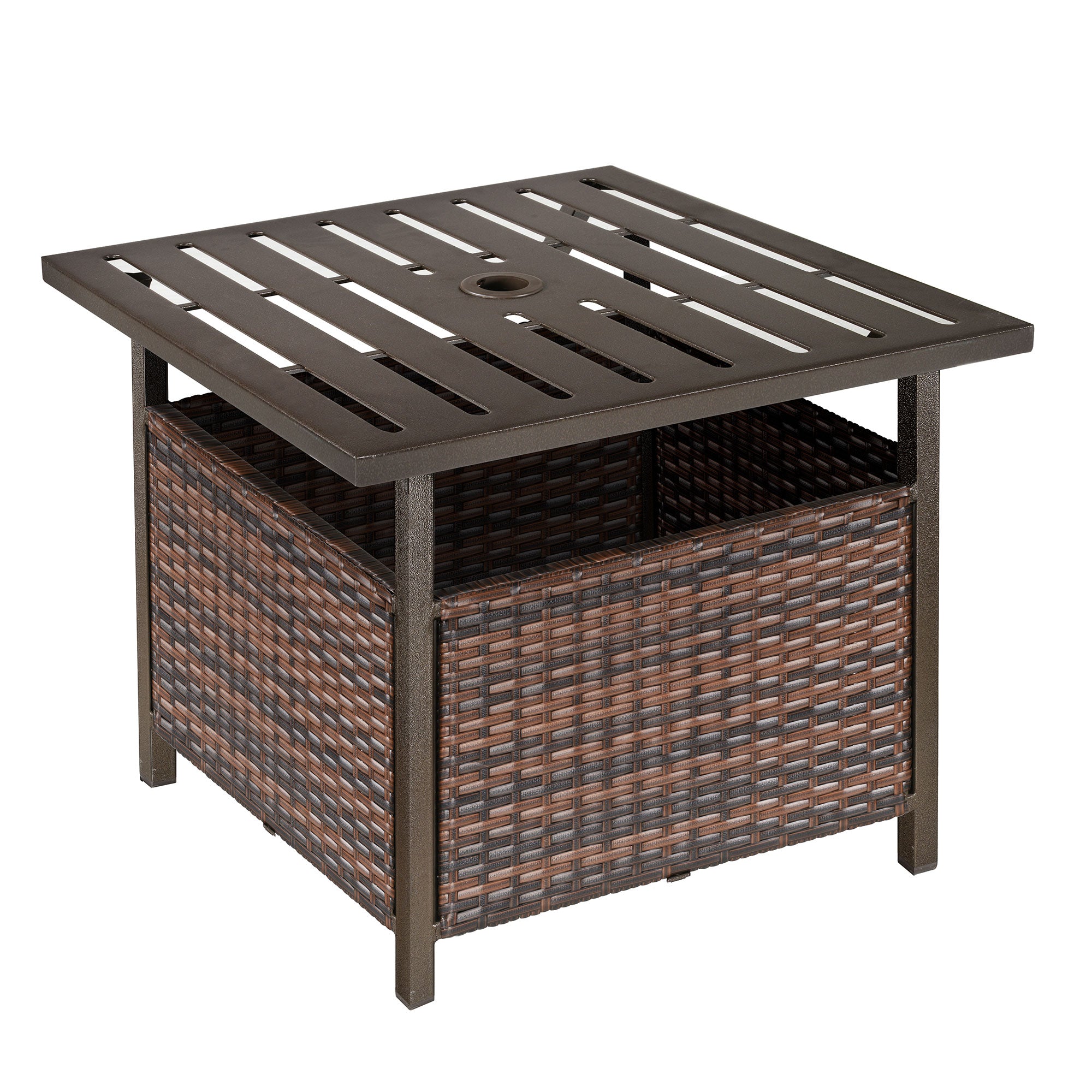 Outdoor Rattan Patio Coffee Table with Parasol Hole and Storage - Brown