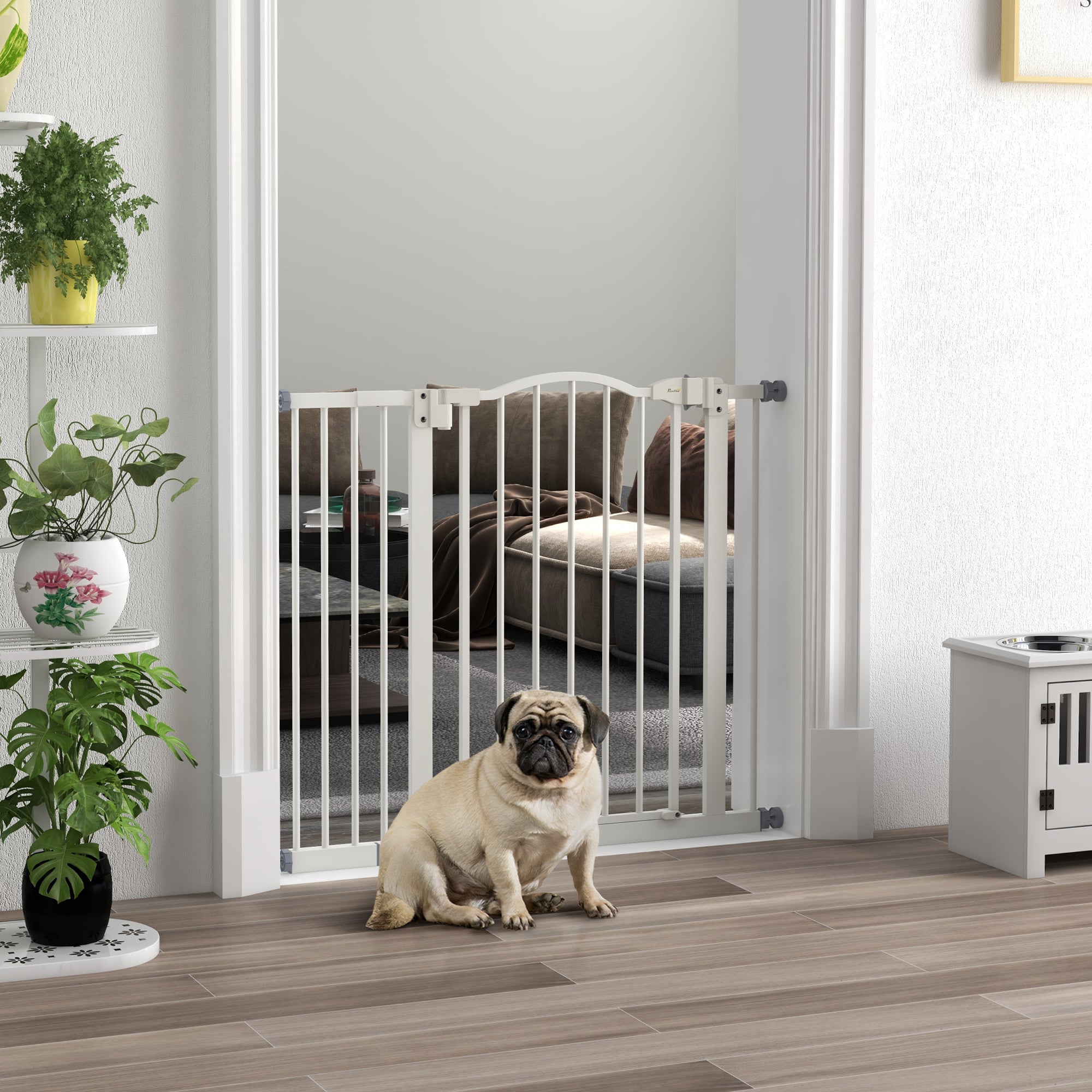 Adjustable Metal Pet Gate Safety Barrier 74-100cm with Auto-Close Door - White