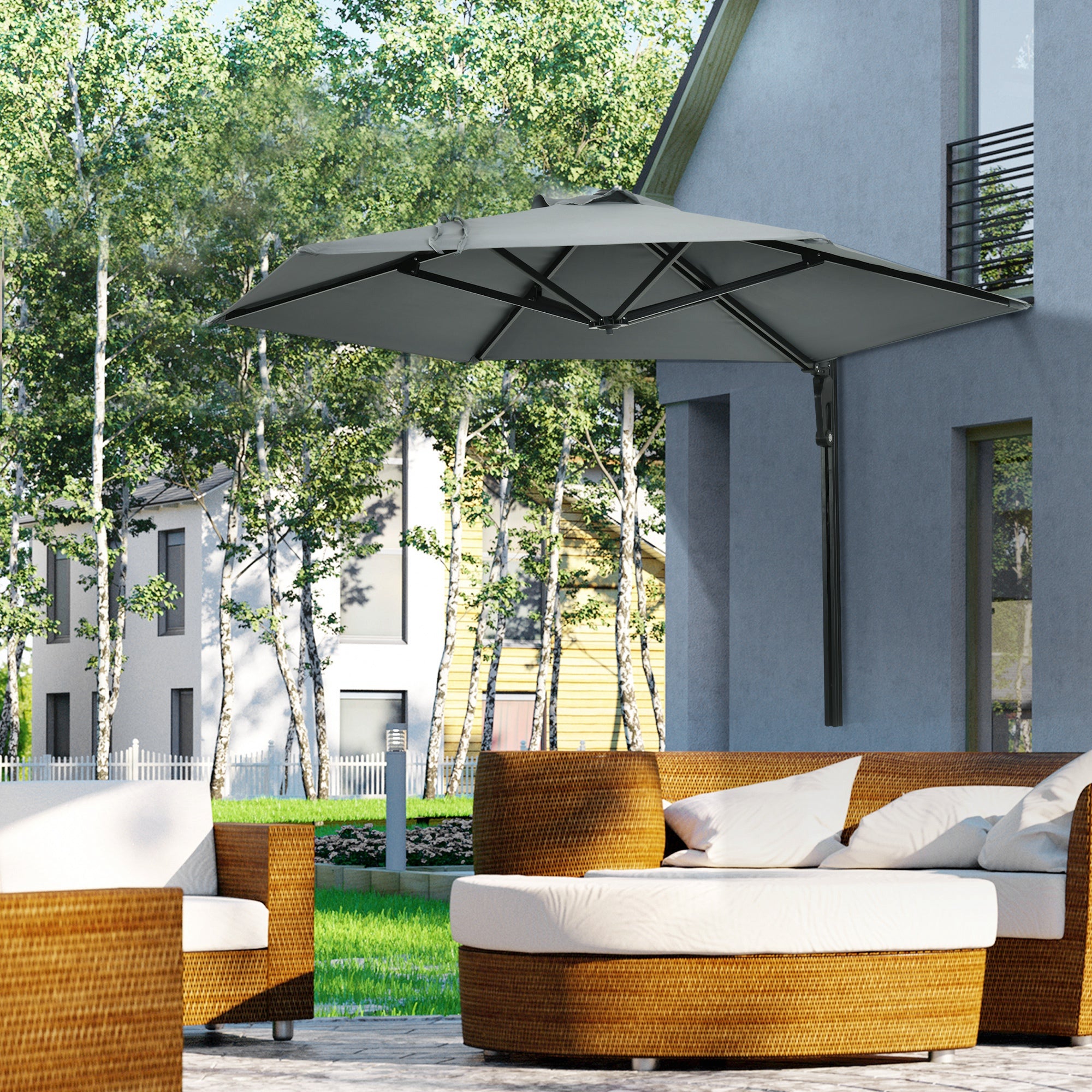 Wall Mounted Outdoor Parasol with 180 Degree Rotatable Canopy Grey