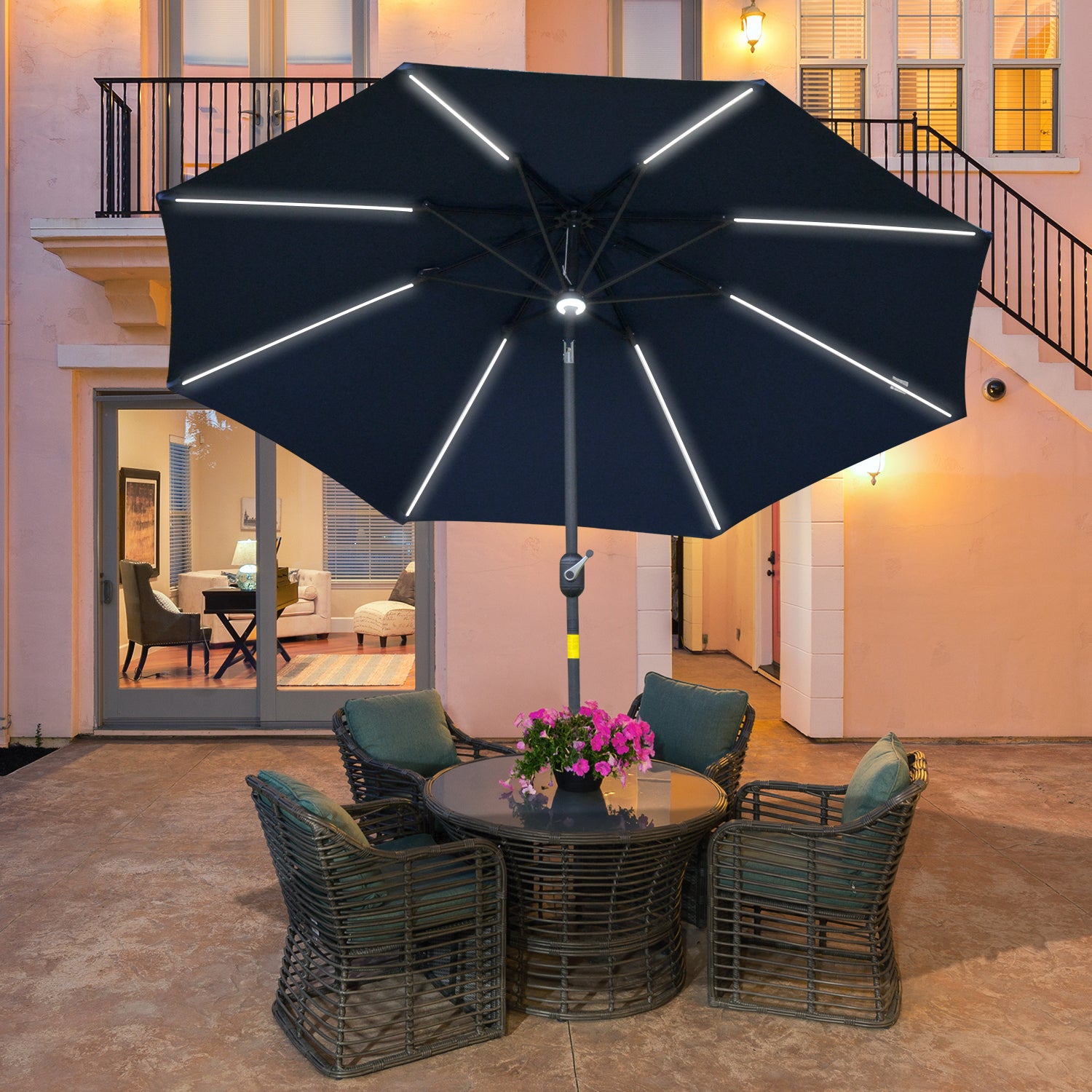 2.7m Garden Parasol with LED Solar Light and Tilt Vent Canopy - Blue