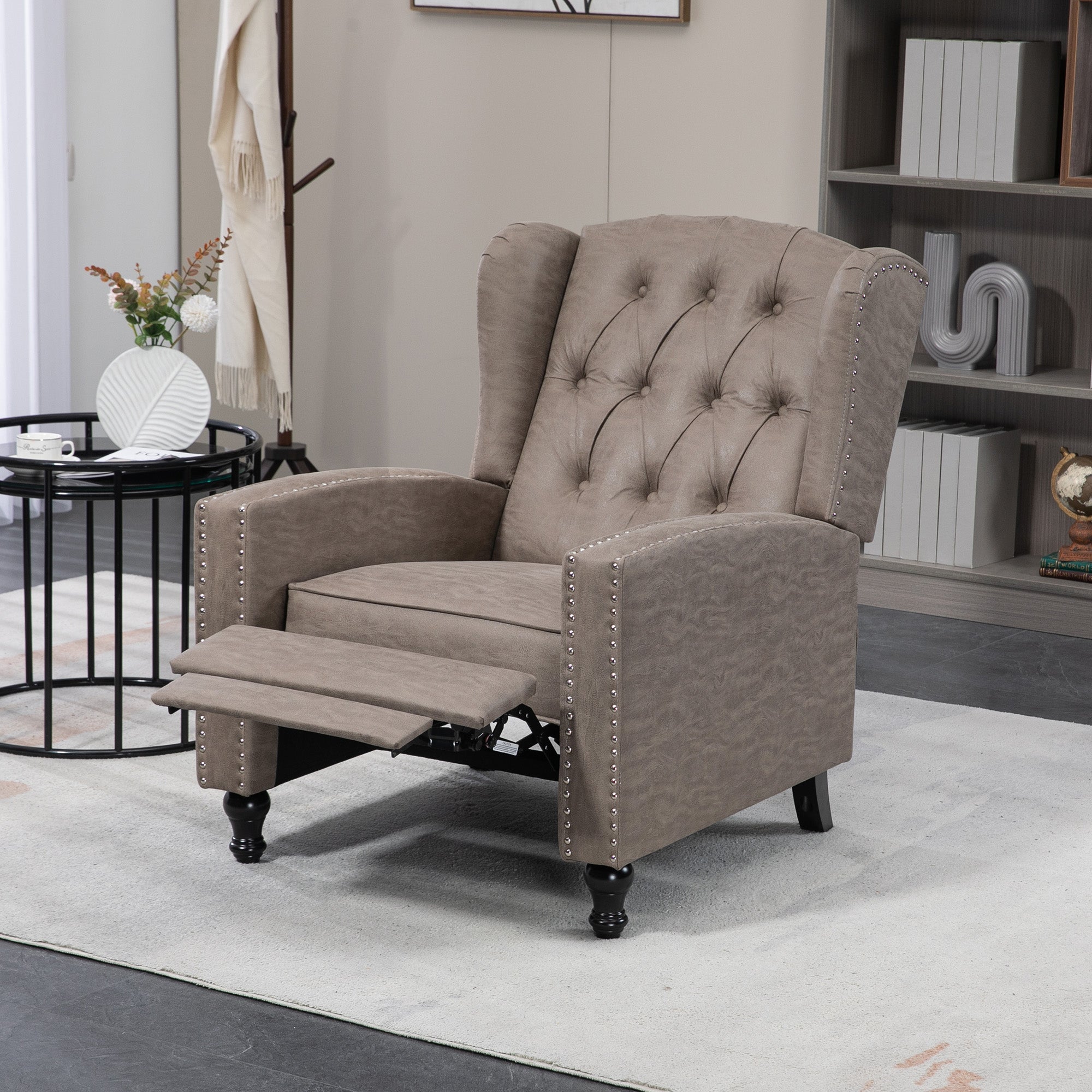 Studded Upholstered Reclining Armchair with Retractable Footrest - Brown