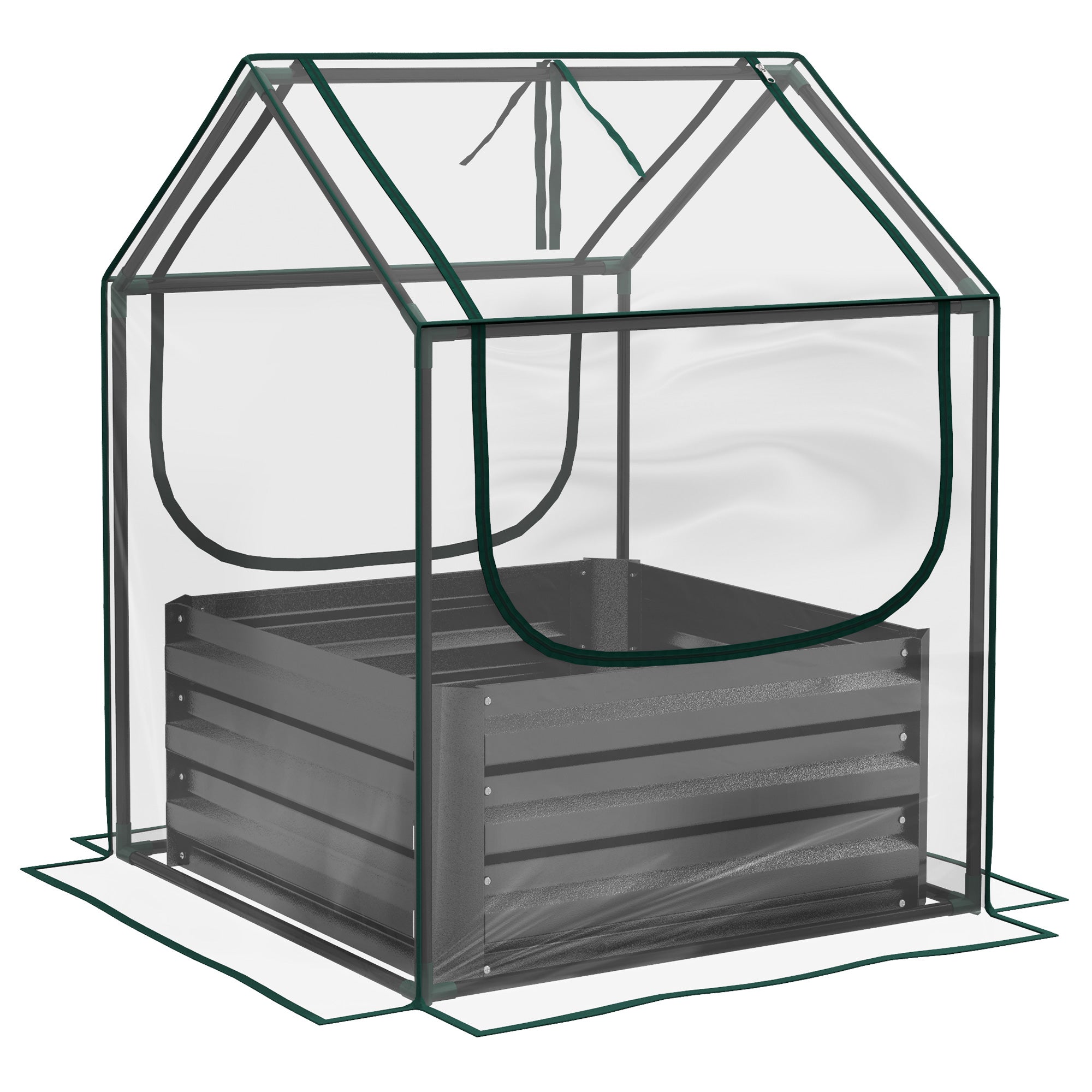 2 Piece Metal Raised Garden Bed with Greenhouse Cover - Dark Grey