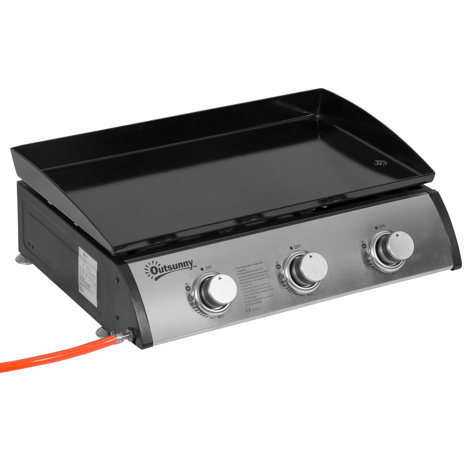 Portable Gas Plancha Grill with 3 Stainless Steel Burners 30,000 BTU - Black