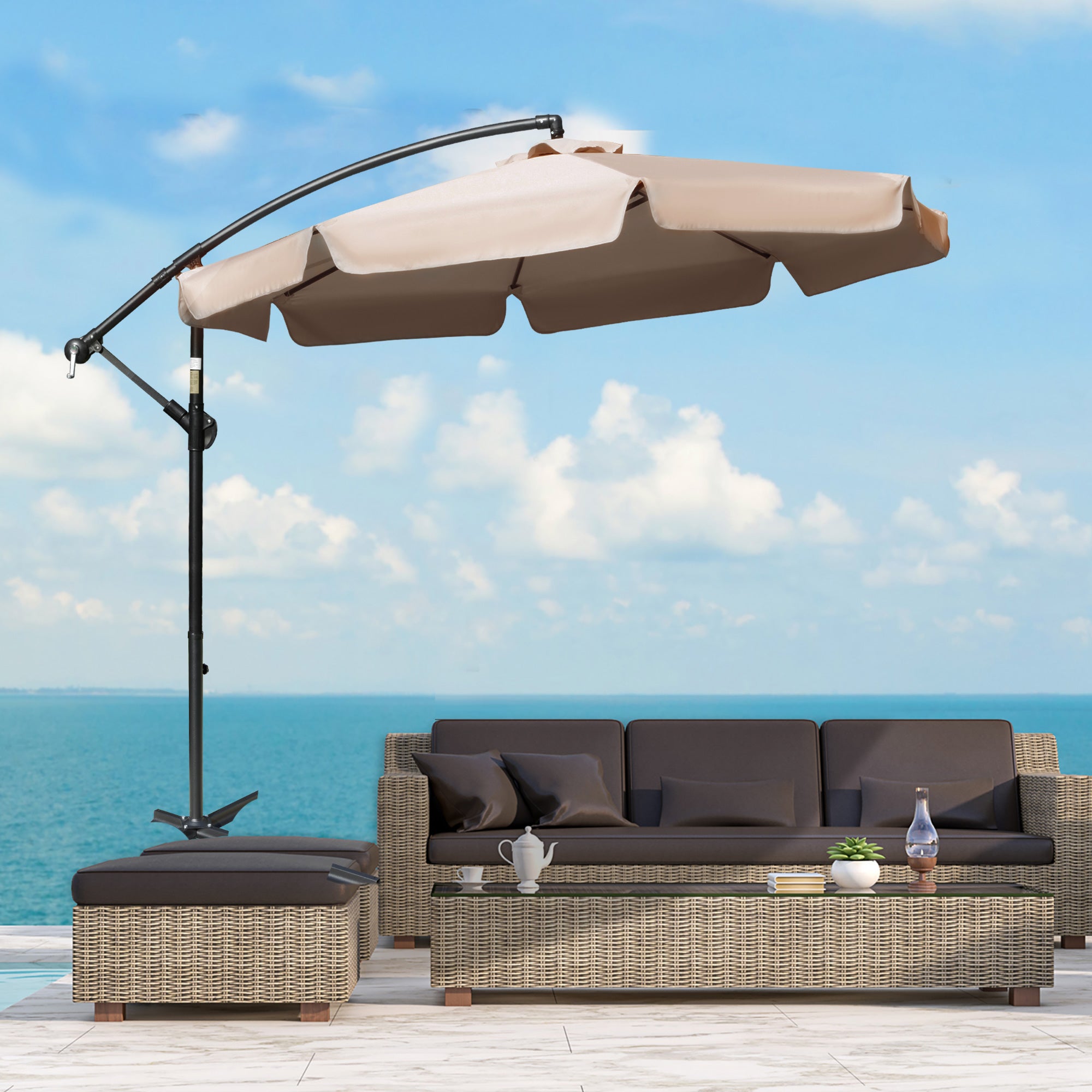 2.7m Cantilever Parasol with Crank Handle and Cross Base - Light Brown