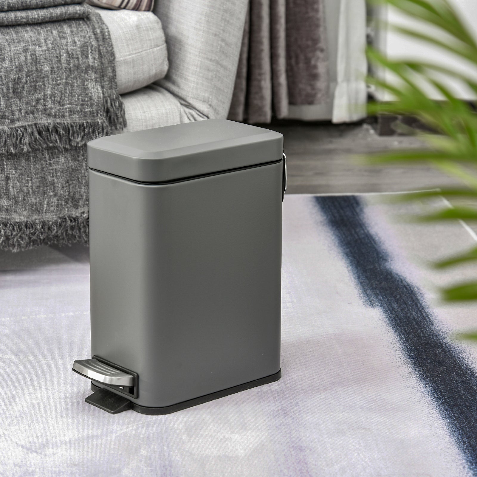 5L Rectangular Compact Bin, Steel Body, Removable Bucket, Quiet-Close Lid w/ Pedal Lid Rubbish Trash Can Garbage Tidy Clean, Grey