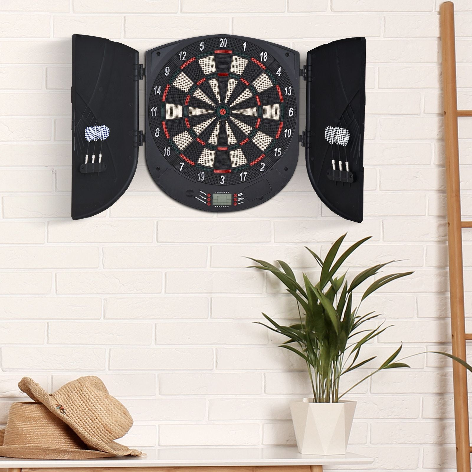 Electronic Dartboard Set 26 Games and 185 Variations with 6 Darts and Cabinet to Stroage Multi-Game Option Ready-to-Play