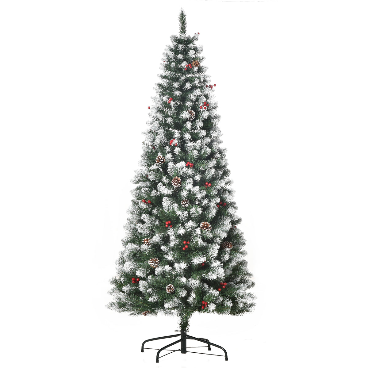 6FT Christmas Pencil Tree with Red Berries and Pinecones Foldable Feet - Green