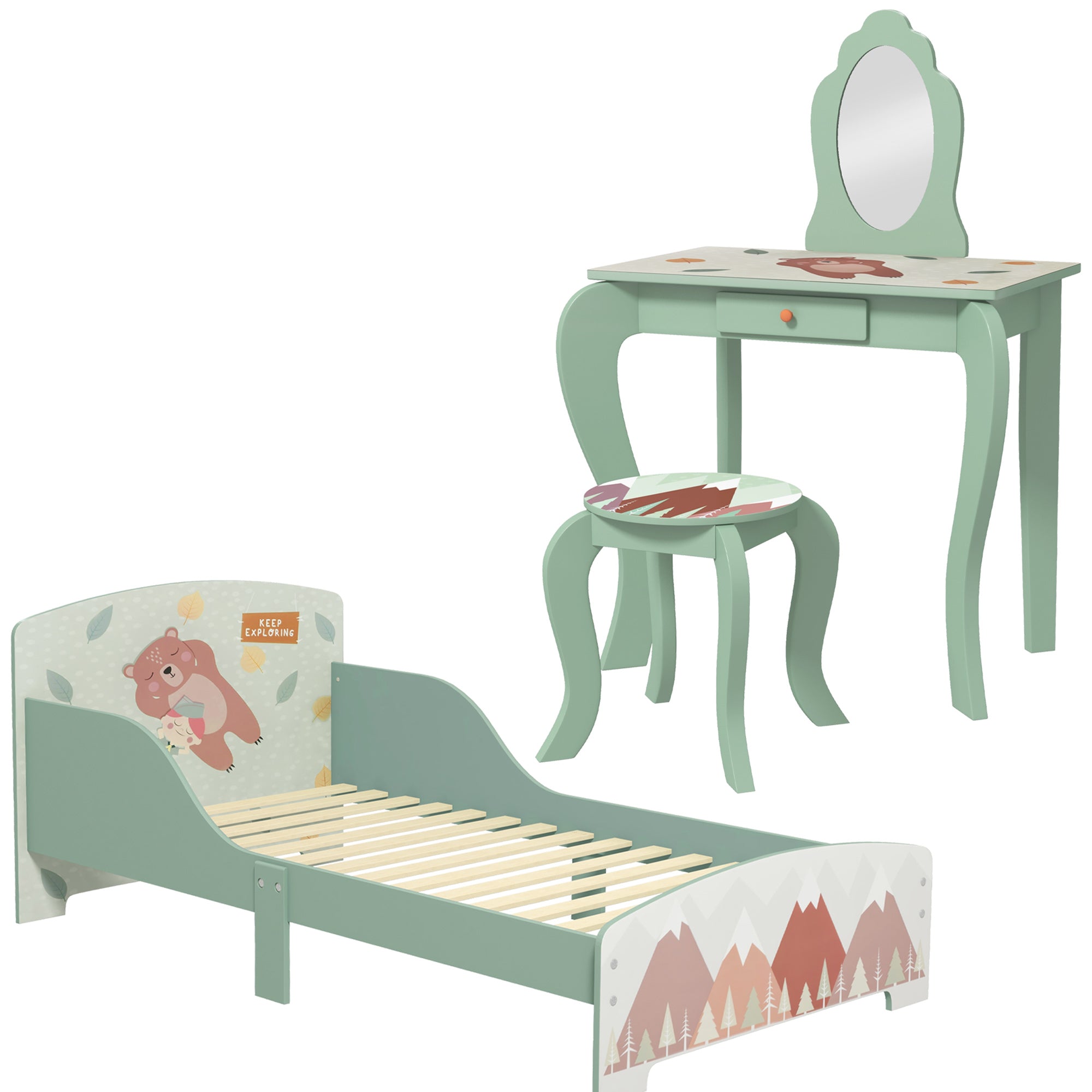 Toddler Bed Frame, Kids Dressing Table with Mirror and Stool, Cute Animal Design Kids Bedroom Furniture Set for Ages 3-6 Years, Green