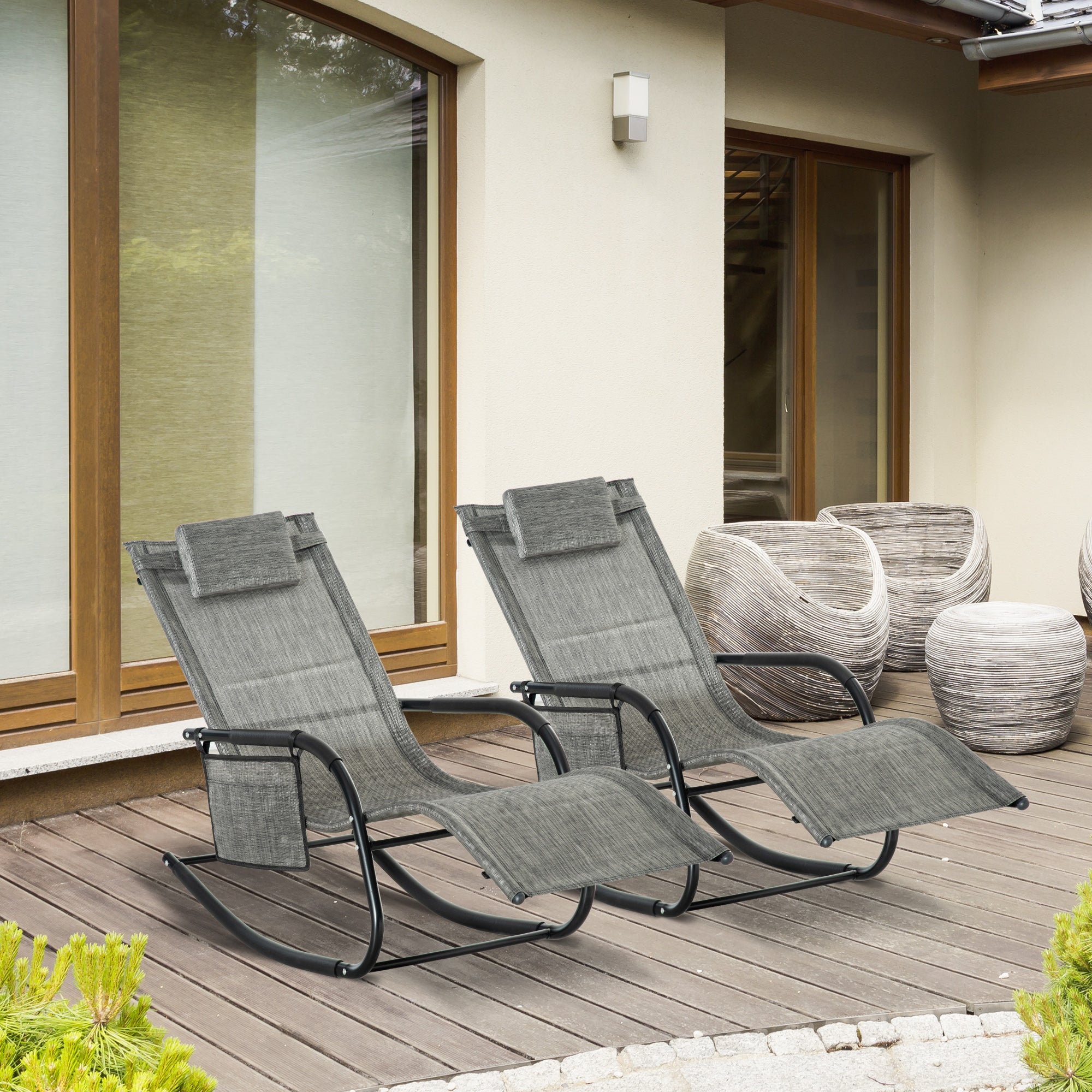 2Pcs Garden Rocking Chair, Patio Sun Lounger Rocker Chair w/ Breathable Mesh Fabric, Removable Headrest Pillow, Side Storage Bag, Dark Grey