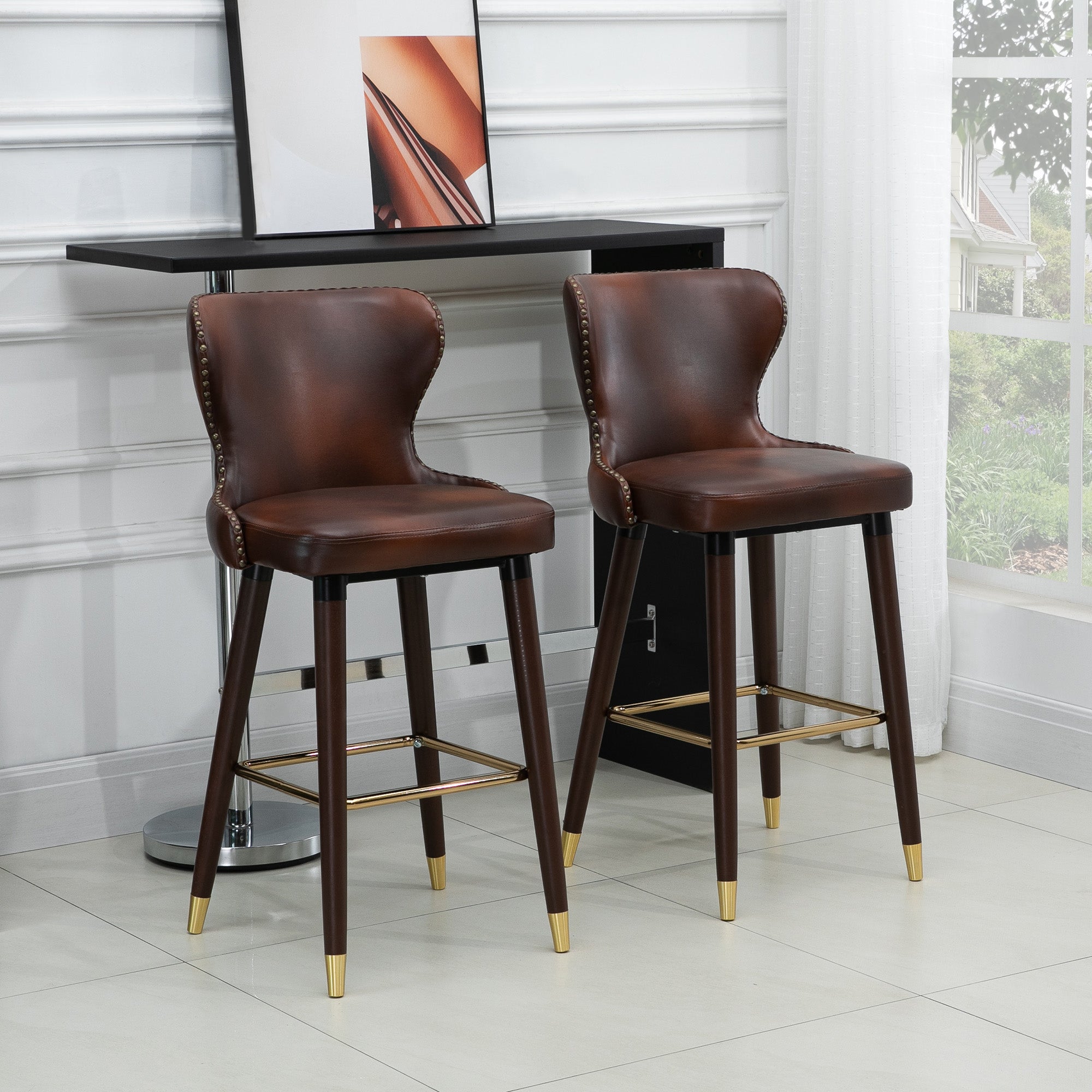 Luxury Vintage Bar Stools Set of 2 with Back Support - Brown